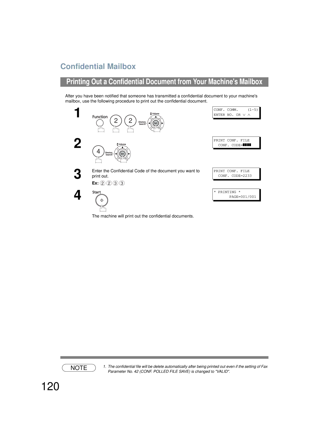 Panasonic UF-6200 operating instructions 120, Machine will print out the confidential documents 