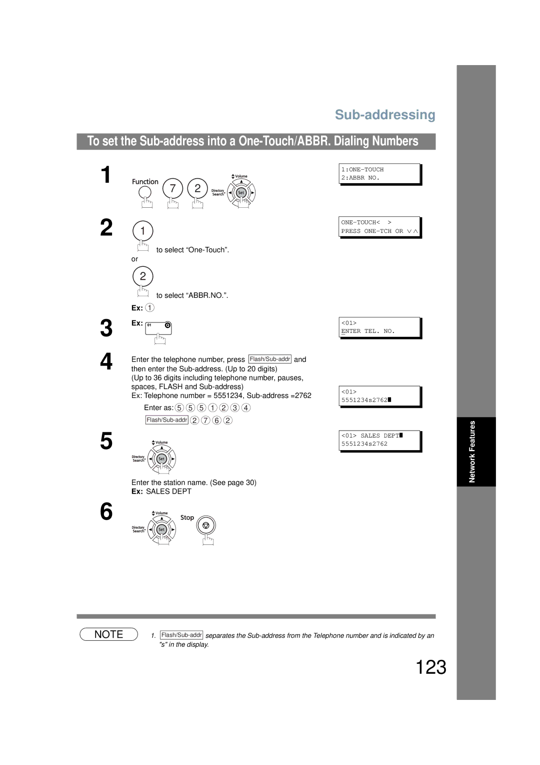 Panasonic UF-6200 123, Sub-addressing, To select One-Touch, Enter the station name. See Ex Sales Dept 