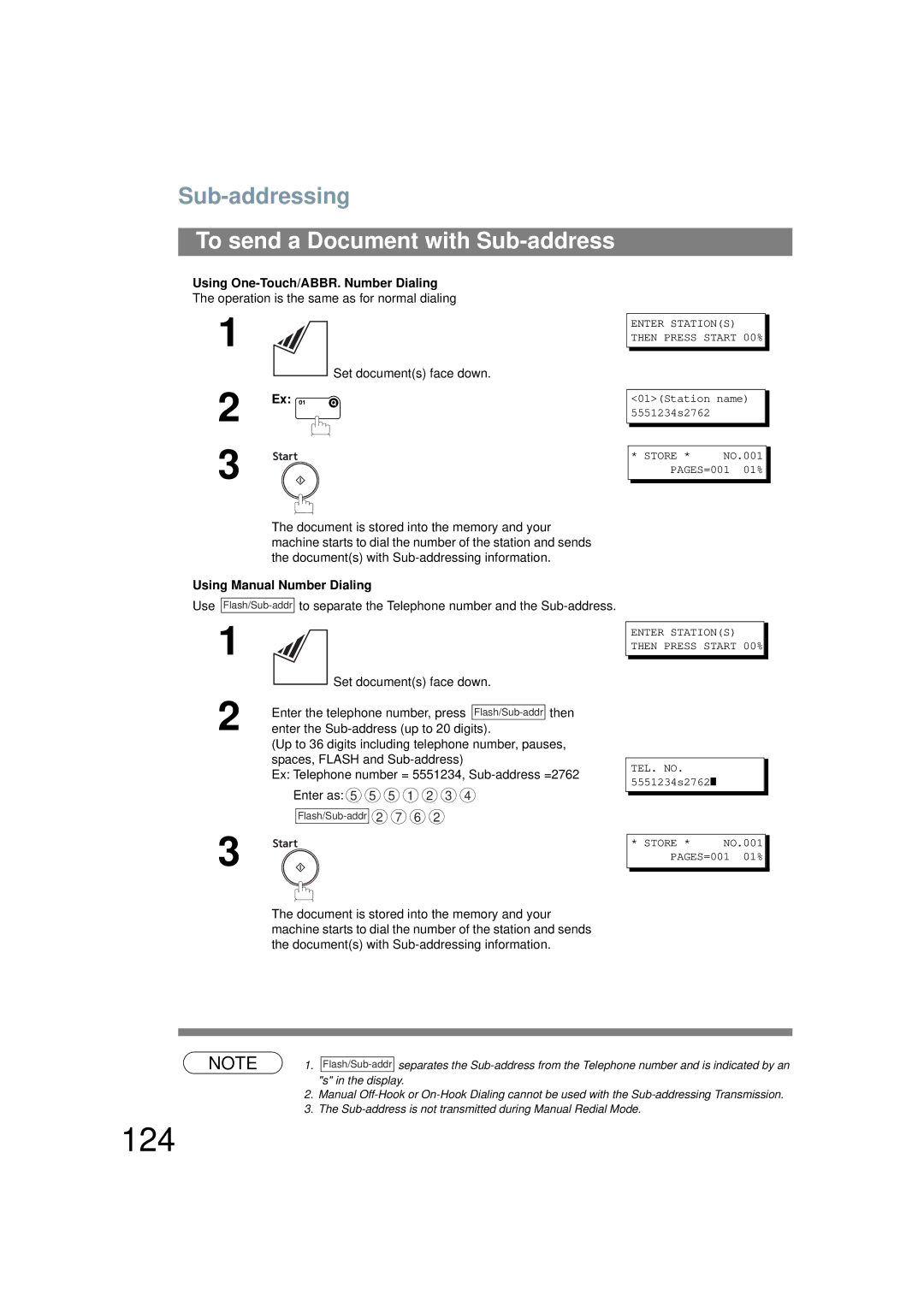 Panasonic UF-6200 operating instructions 124, To send a Document with Sub-address, Using One-Touch/ABBR. Number Dialing 