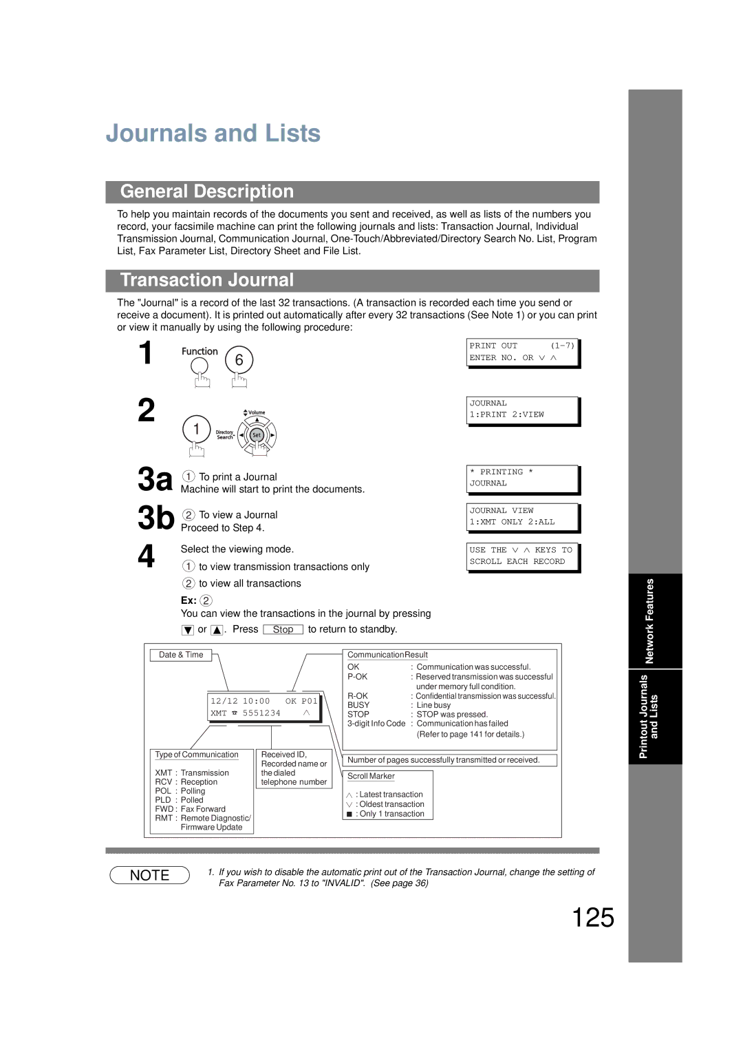 Panasonic UF-6200 operating instructions 125, Journals and Lists, Transaction Journal 