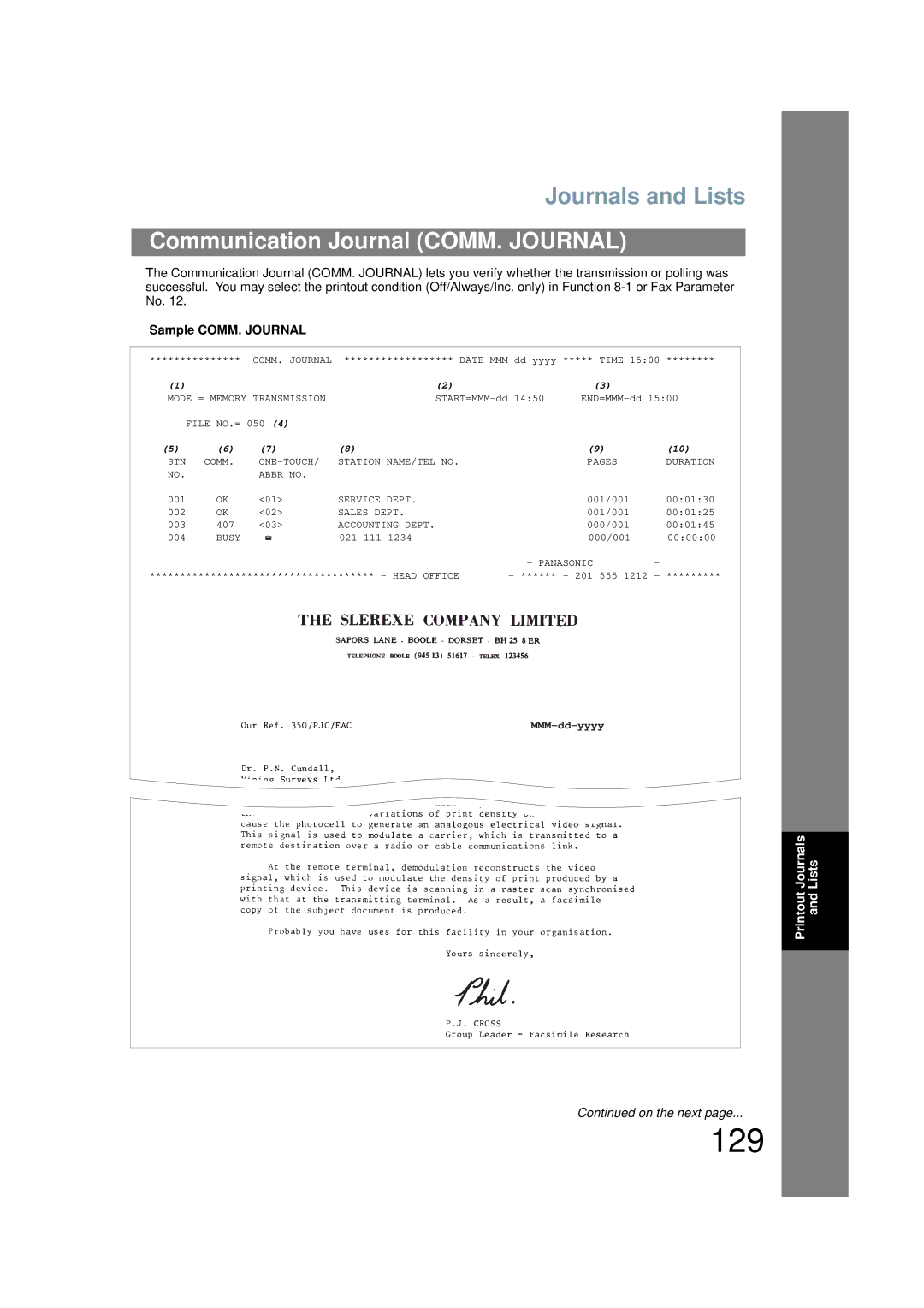 Panasonic UF-6200 operating instructions 129, Sample COMM. Journal 