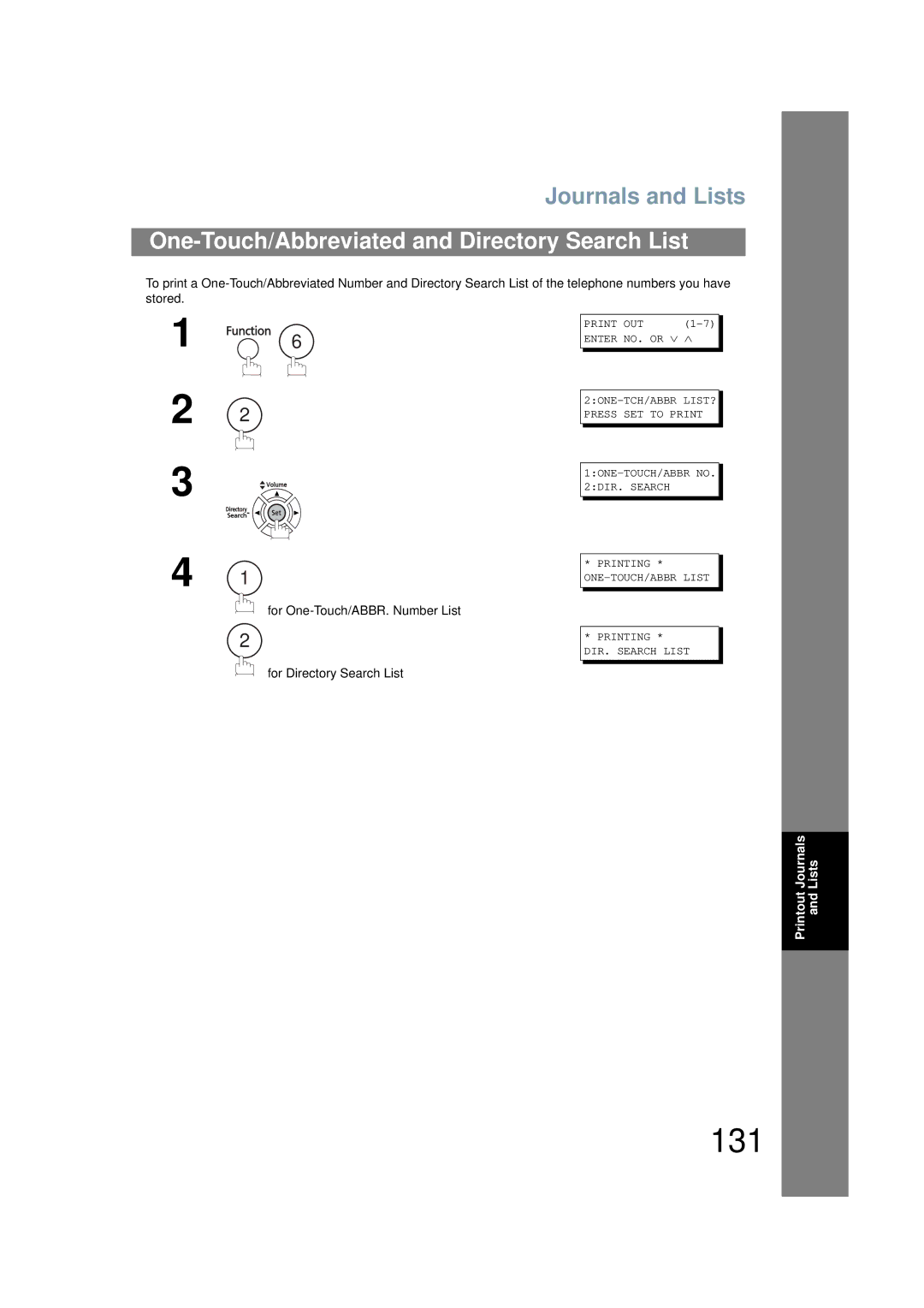 Panasonic UF-6200 operating instructions 131, One-Touch/Abbreviated and Directory Search List, For Directory Search List 