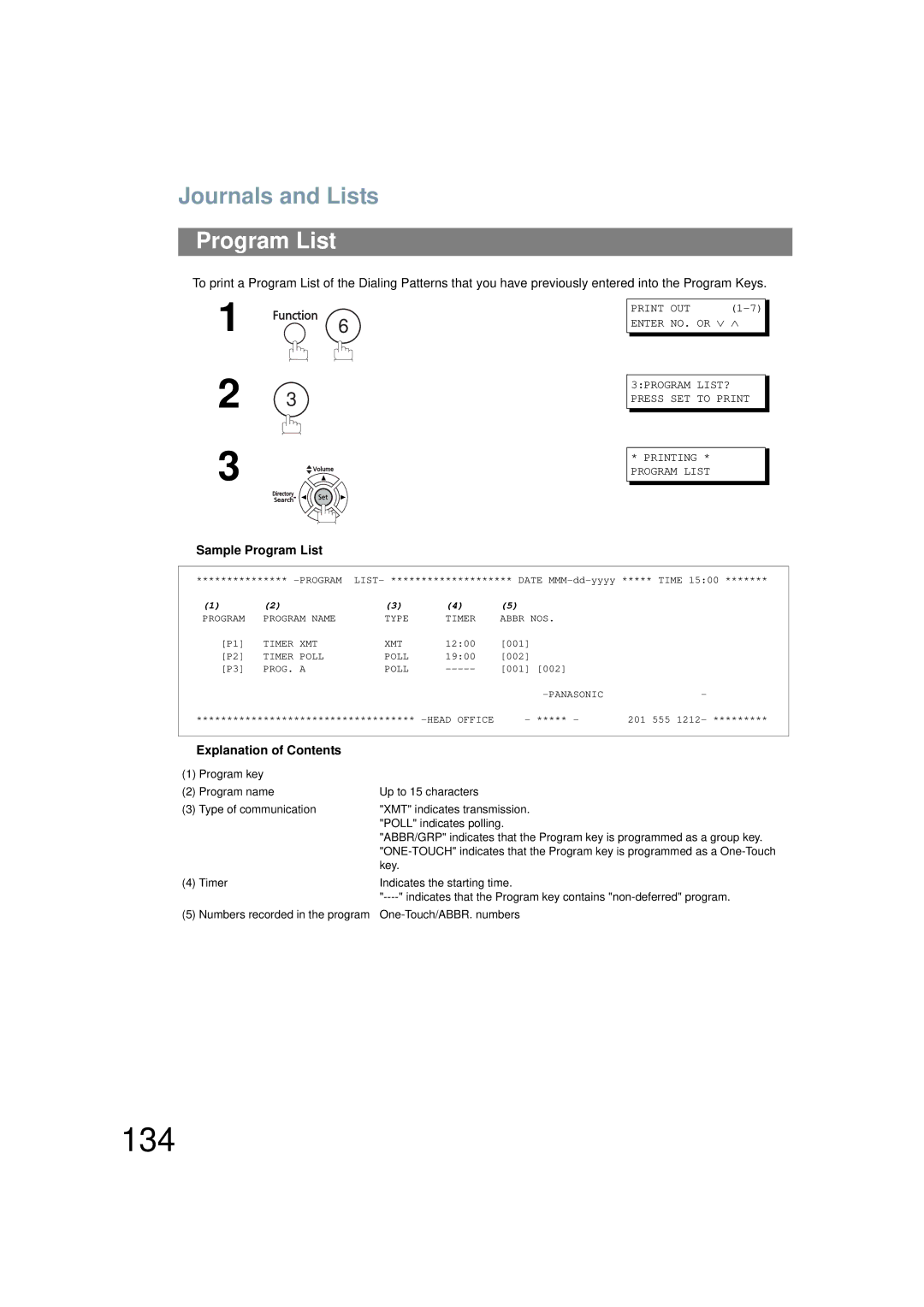 Panasonic UF-6200 operating instructions 134, Sample Program List 