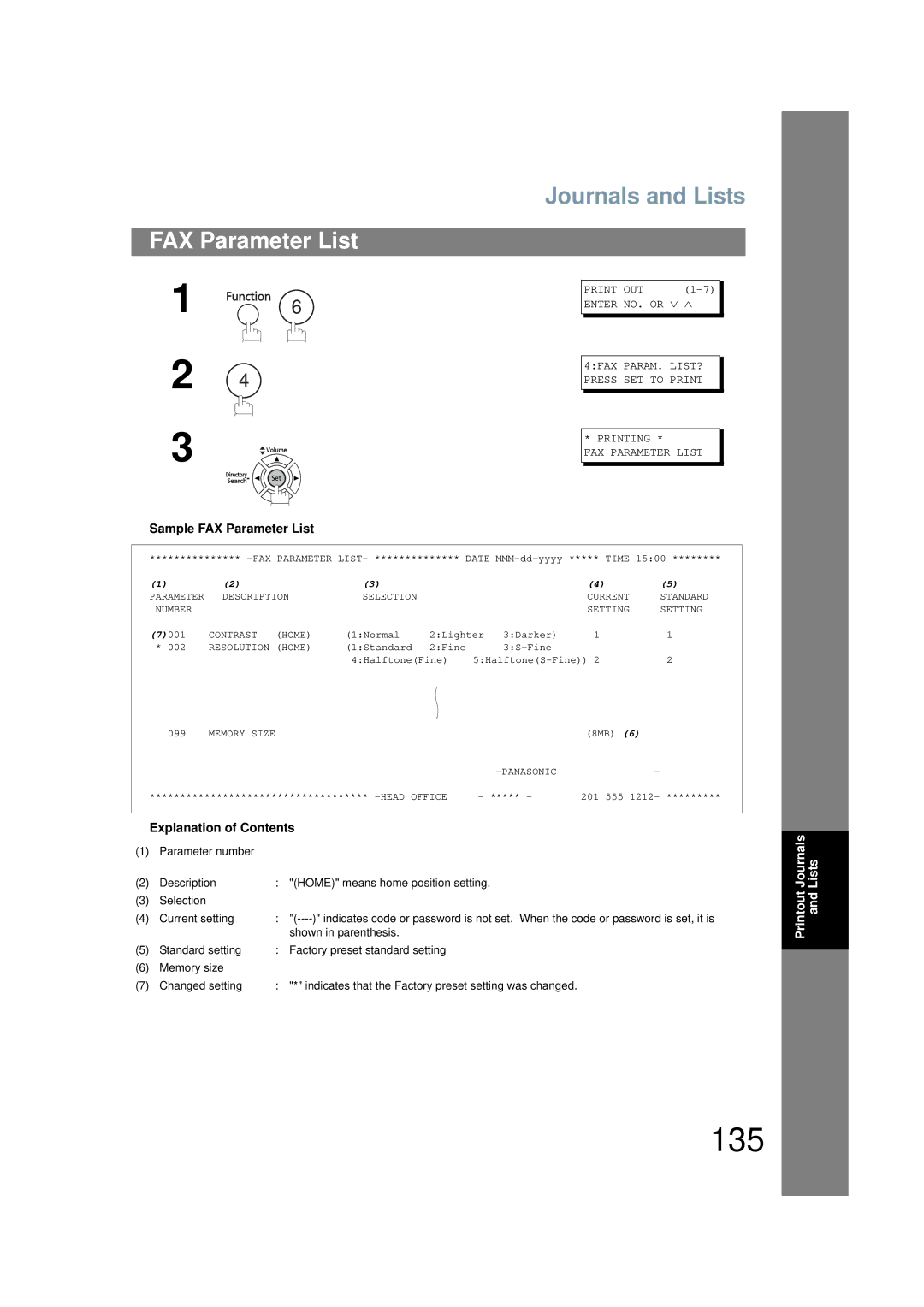 Panasonic UF-6200 operating instructions 135, Sample FAX Parameter List 