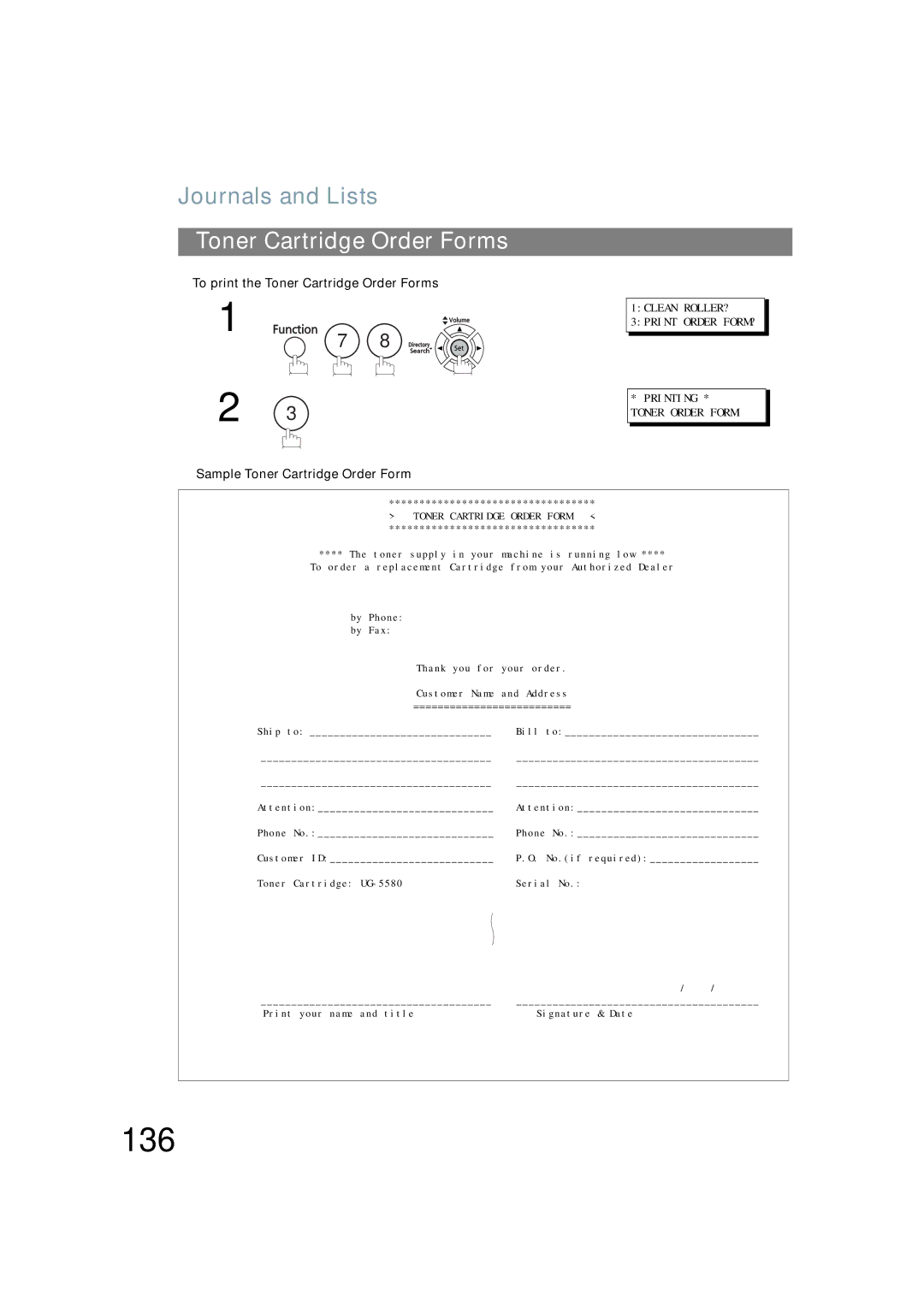 Panasonic UF-6200 136, To print the Toner Cartridge Order Forms, Sample Toner Cartridge Order Form 