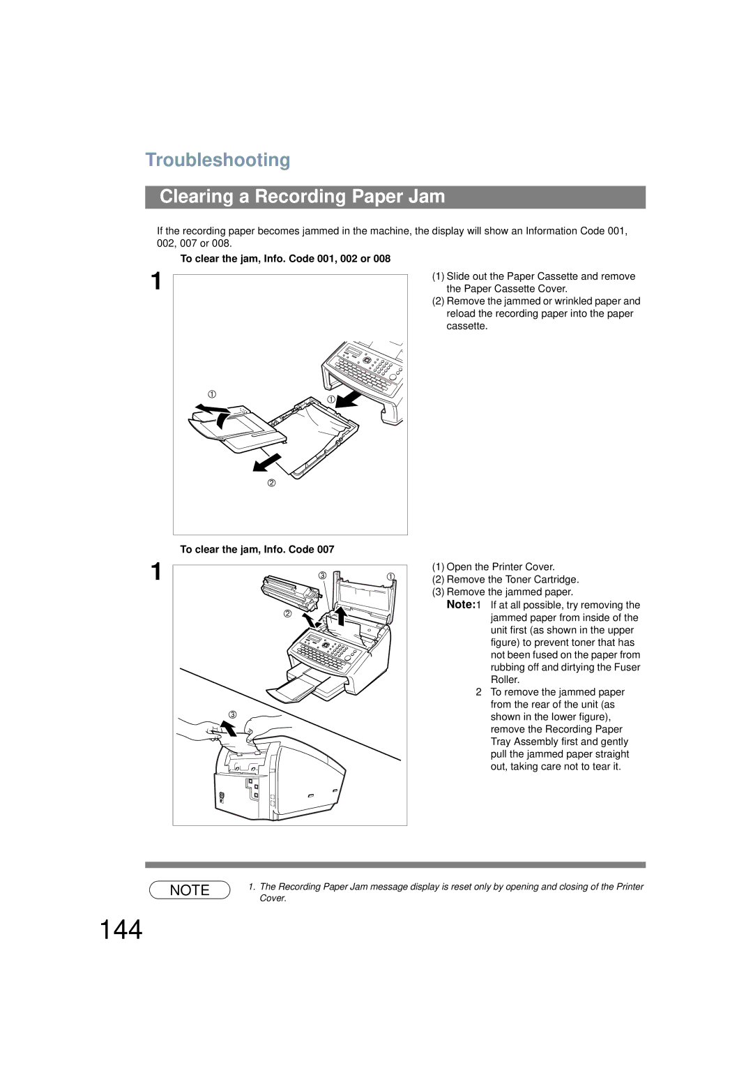 Panasonic UF-6200 operating instructions 144, Clearing a Recording Paper Jam, To clear the jam, Info. Code 001, 002 or 