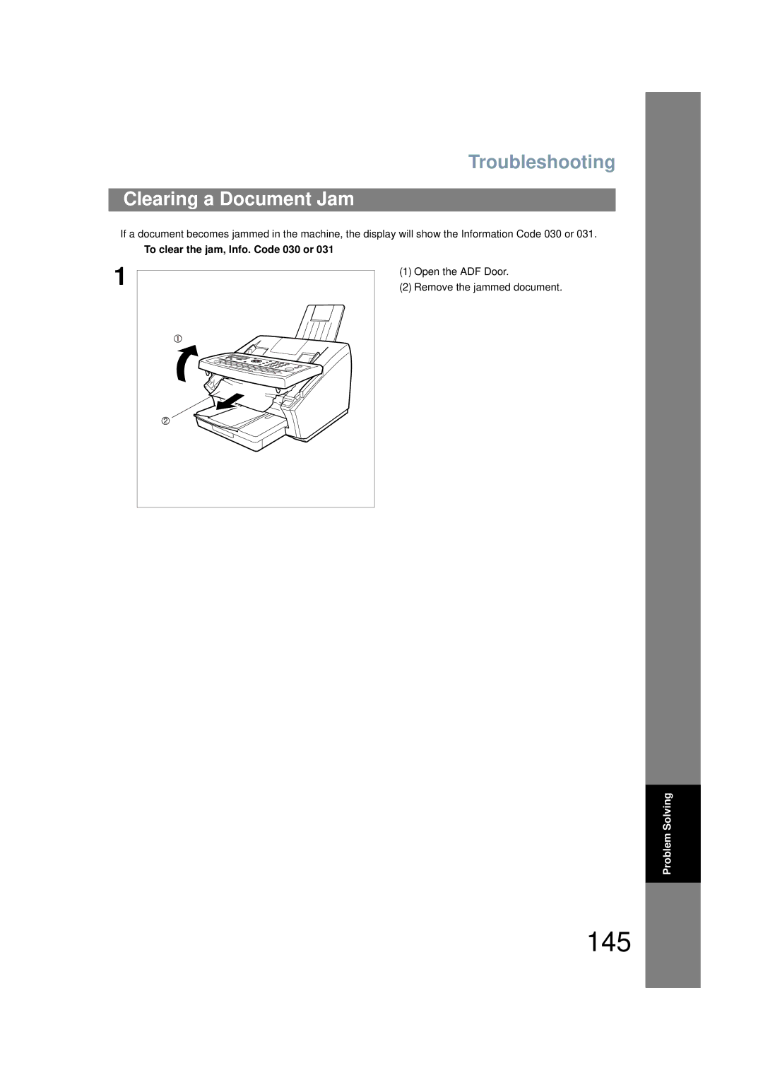 Panasonic UF-6200 145, Clearing a Document Jam, To clear the jam, Info. Code 030 or, Open the ADF Door 