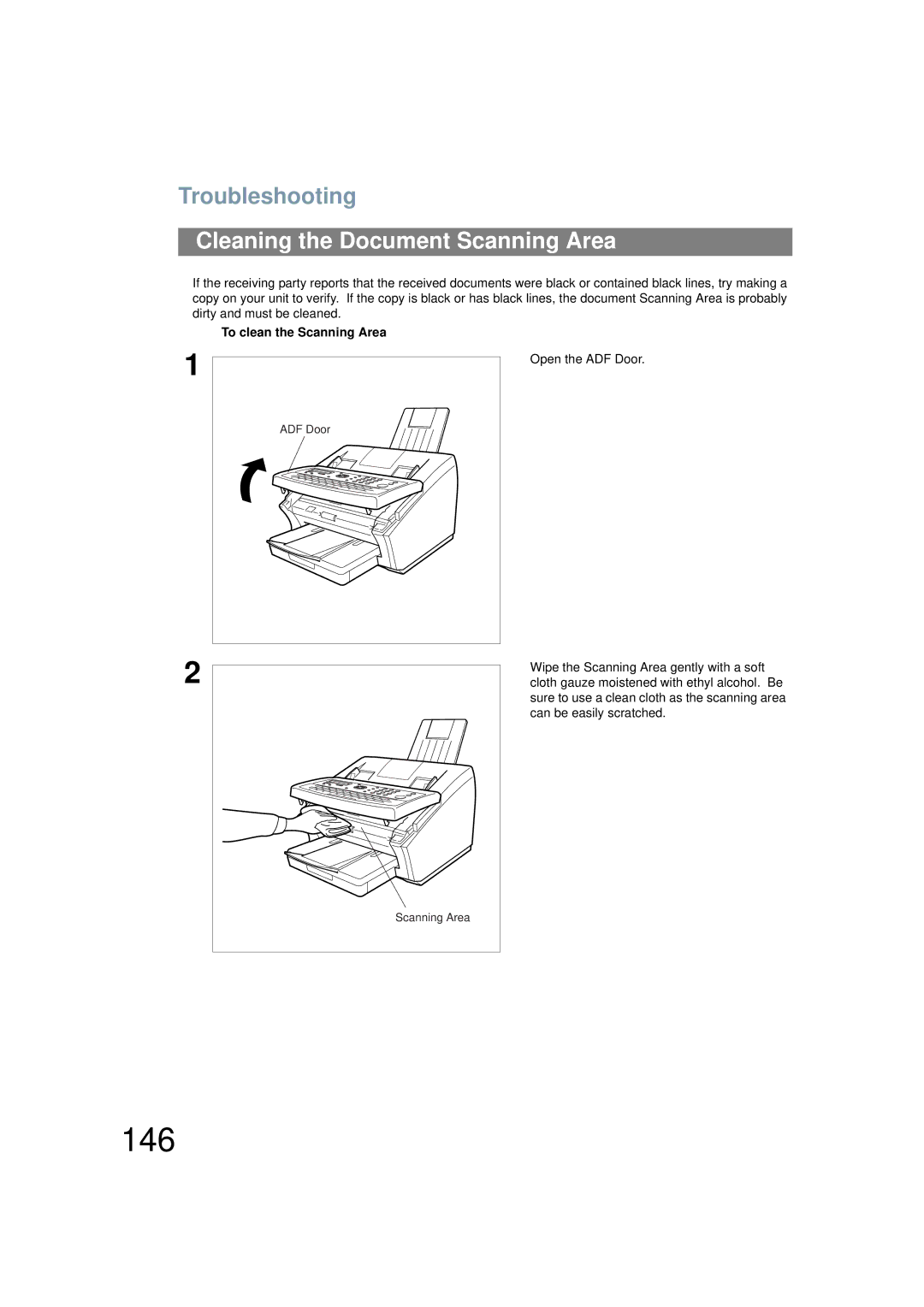 Panasonic UF-6200 operating instructions 146, Cleaning the Document Scanning Area, To clean the Scanning Area 