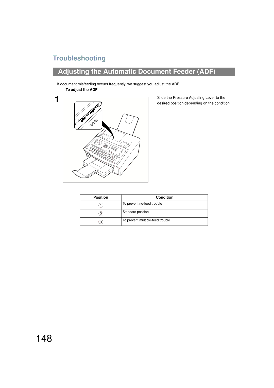 Panasonic UF-6200 148, Adjusting the Automatic Document Feeder ADF, To adjust the ADF, Position Condition 