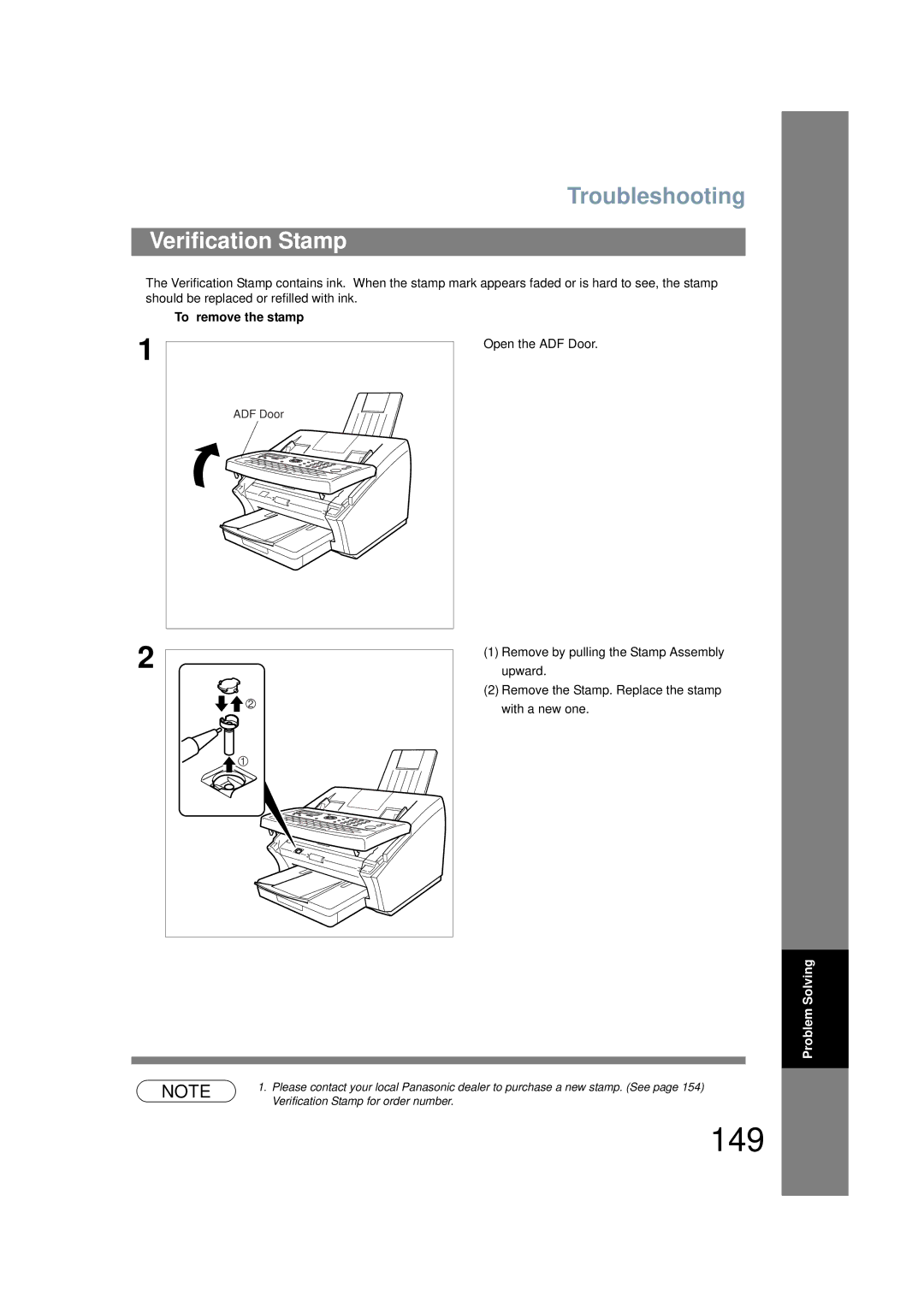 Panasonic UF-6200 operating instructions 149, To remove the stamp 