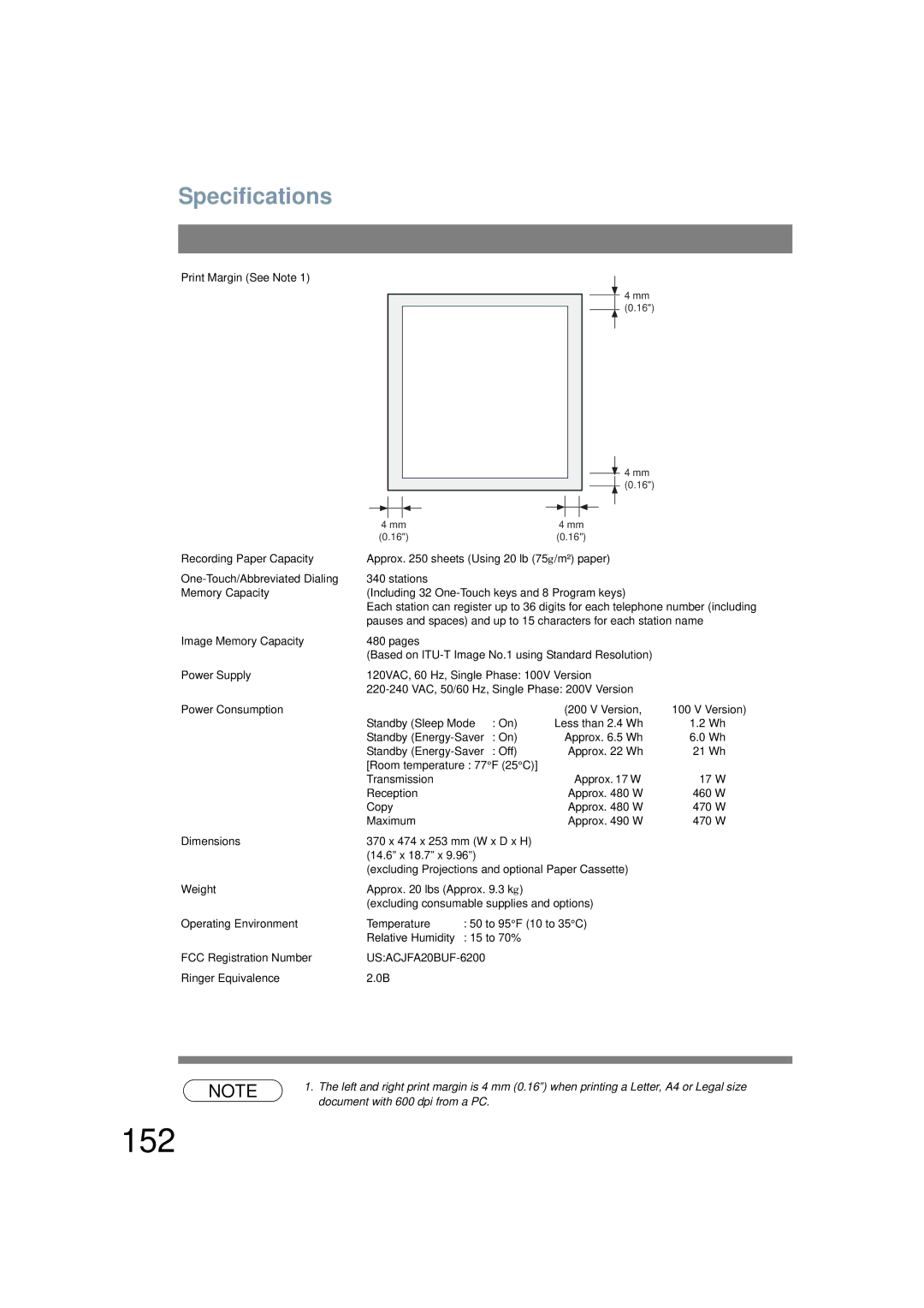 Panasonic UF-6200 operating instructions 152, Specifications 