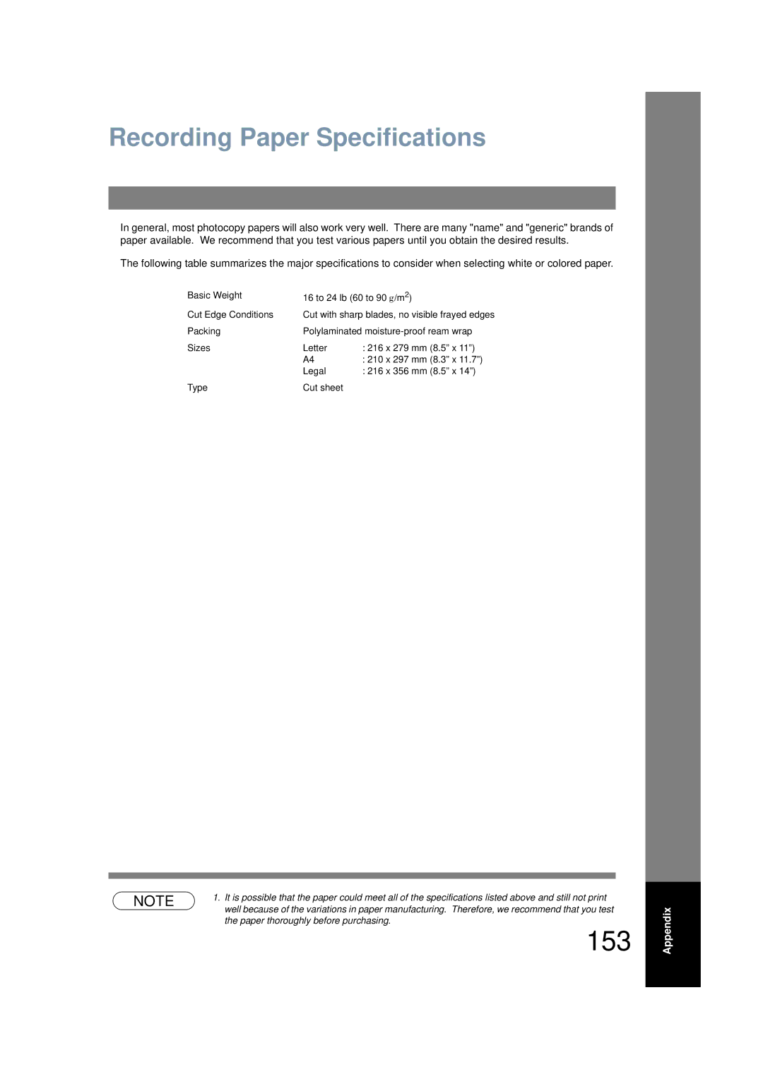 Panasonic UF-6200 operating instructions 153, Recording Paper Specifications 