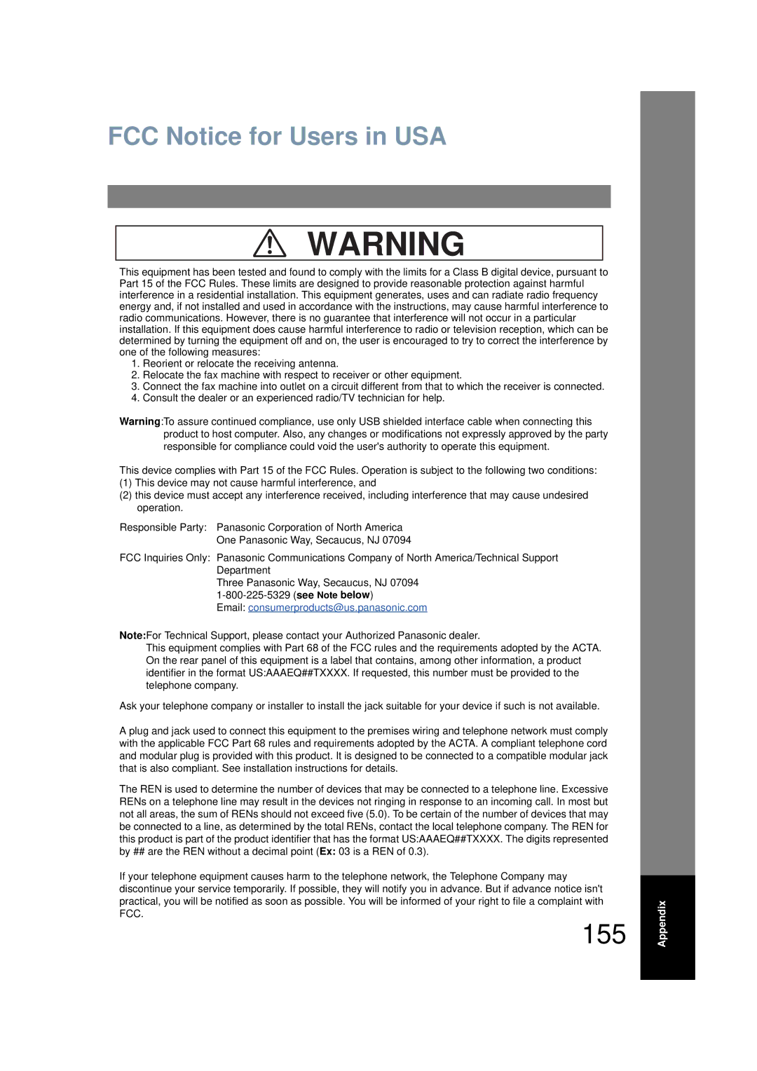 Panasonic UF-6200 operating instructions 155, FCC Notice for Users in USA 