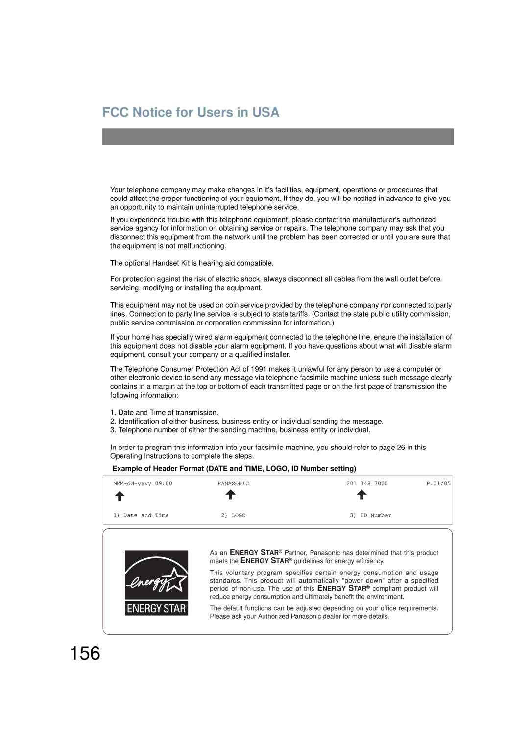 Panasonic UF-6200 operating instructions 156, FCC Notice for Users in USA 