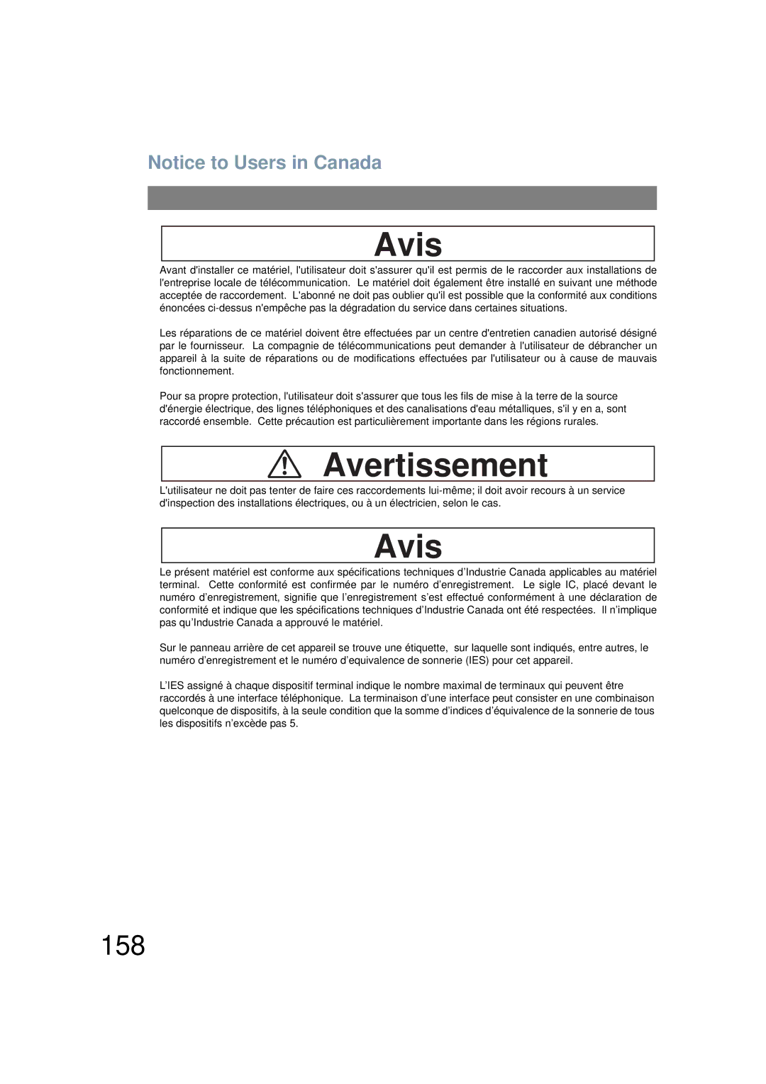 Panasonic UF-6200 operating instructions Avis, 158 