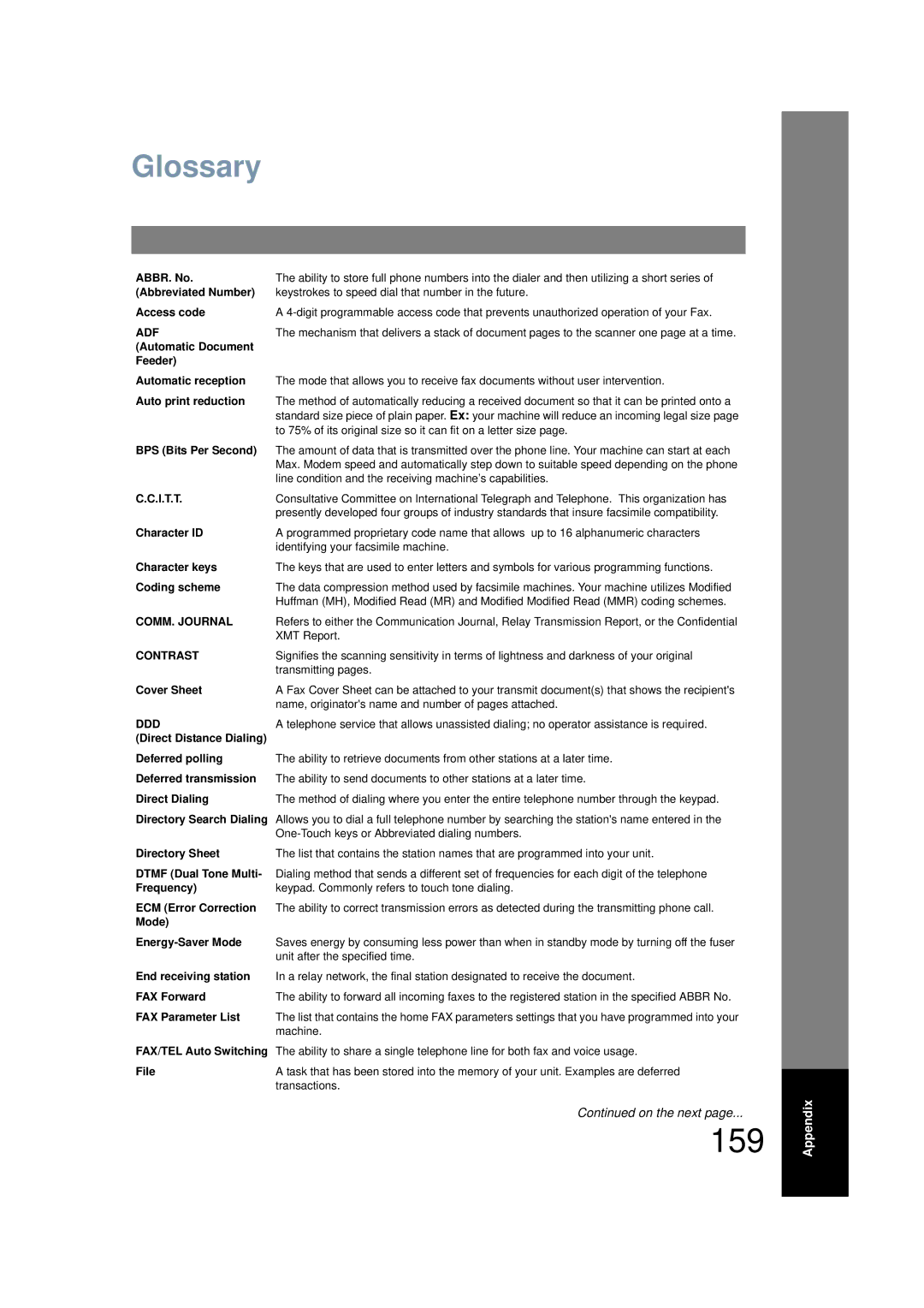 Panasonic UF-6200 operating instructions 159, Glossary 