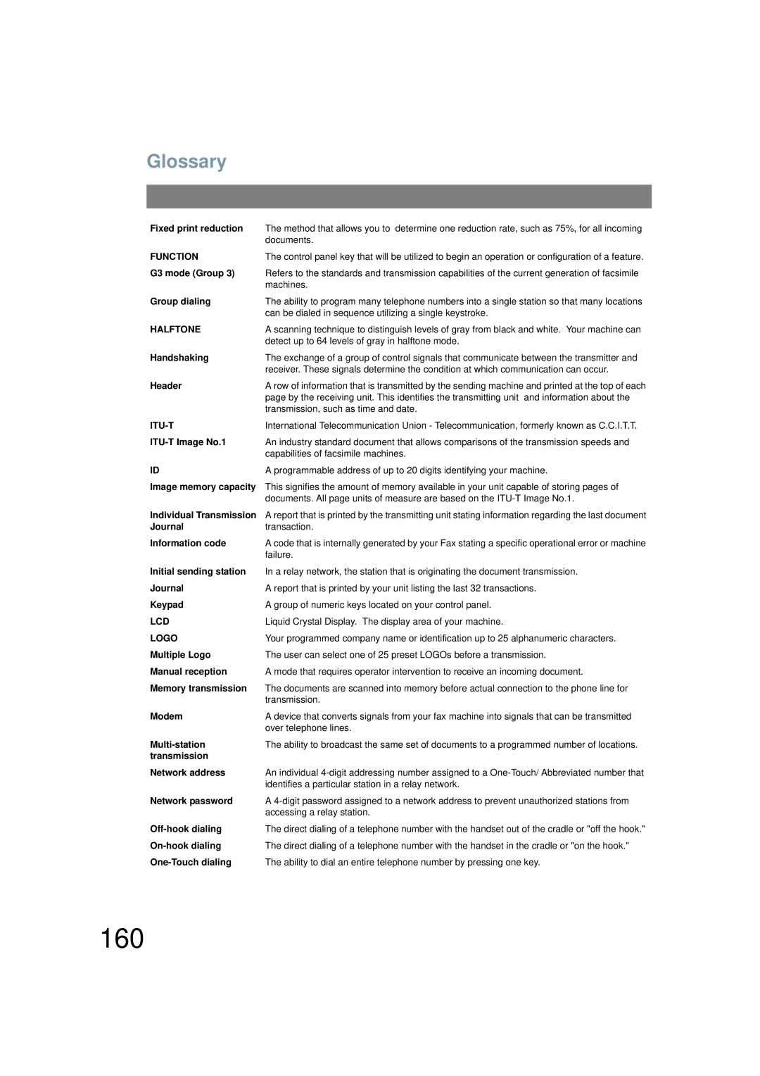 Panasonic UF-6200 operating instructions 160, Glossary 