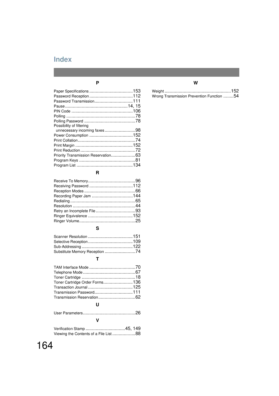 Panasonic UF-6200 operating instructions 164, Index, Possibility of filtering Unnecessary incoming faxes 