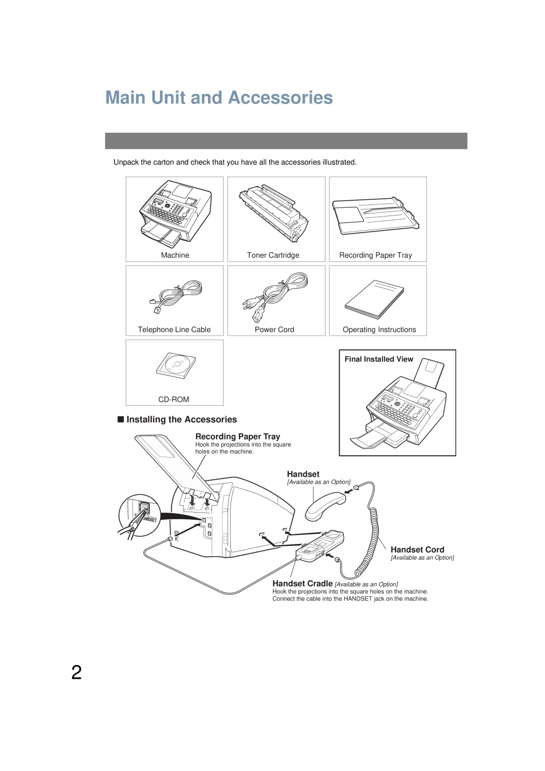 Panasonic UF-6200 operating instructions Main Unit and Accessories, Installing the Accessories 