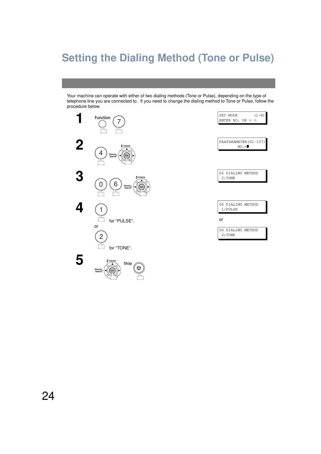 Panasonic UF-6200 operating instructions Setting the Dialing Method Tone or Pulse 