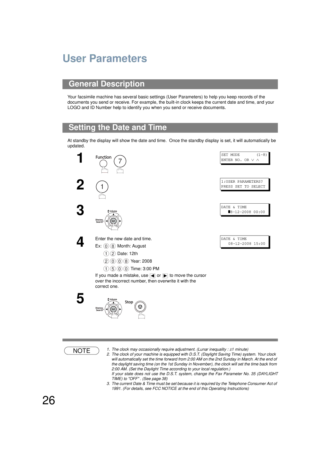 Panasonic UF-6200 operating instructions User Parameters, General Description, Setting the Date and Time 