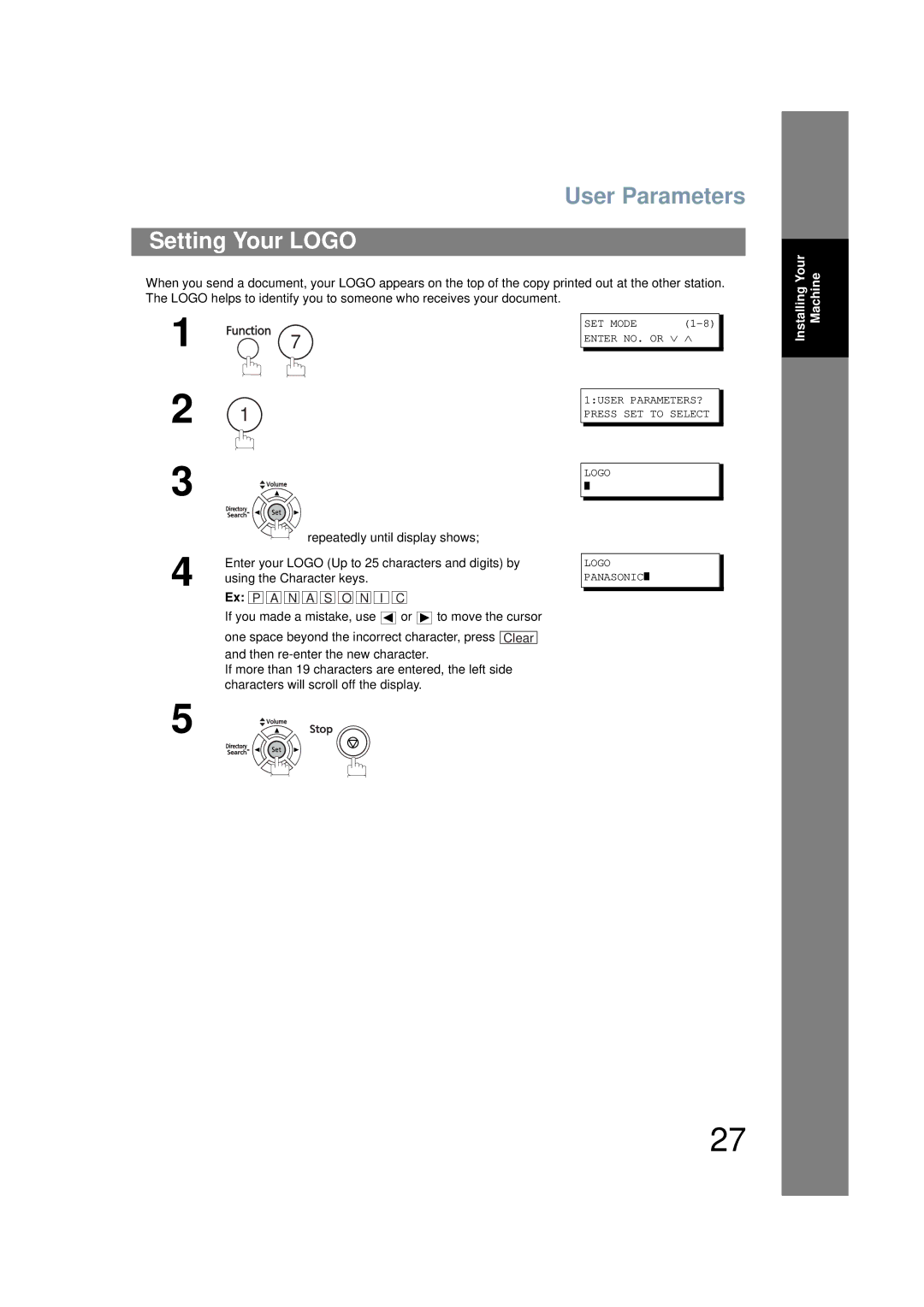 Panasonic UF-6200 operating instructions User Parameters, Setting Your Logo 