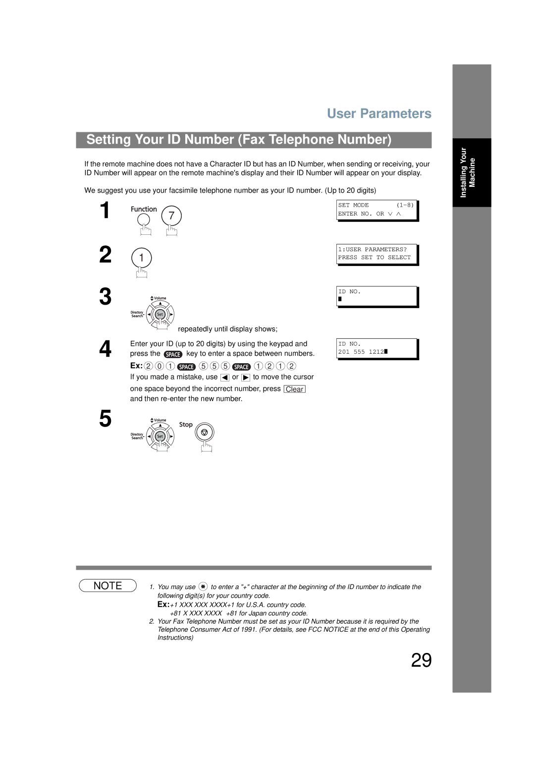 Panasonic UF-6200 operating instructions Setting Your ID Number Fax Telephone Number, 201 555 