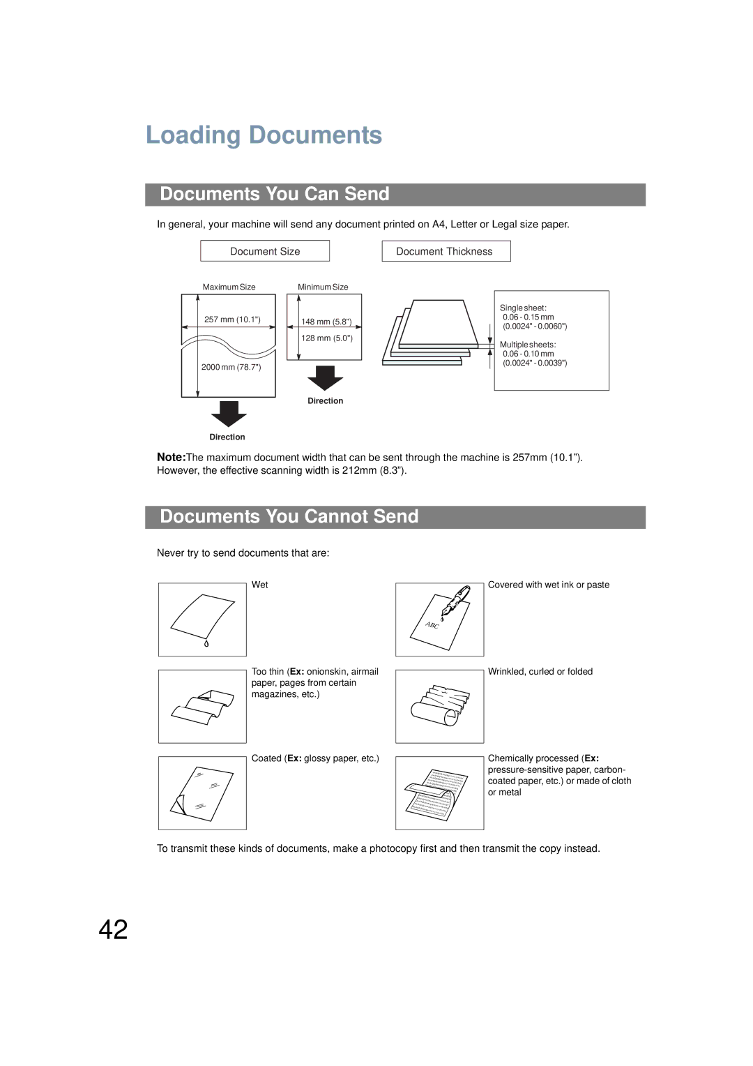 Panasonic UF-6200 operating instructions Loading Documents, Documents You Can Send, Documents You Cannot Send 