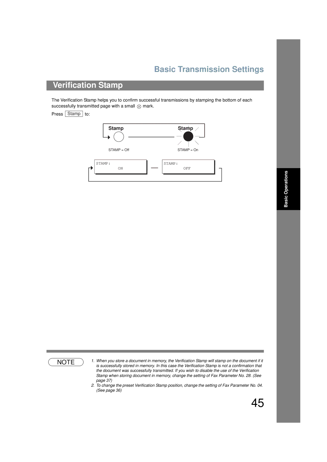 Panasonic UF-6200 operating instructions Basic Transmission Settings, Verification Stamp 