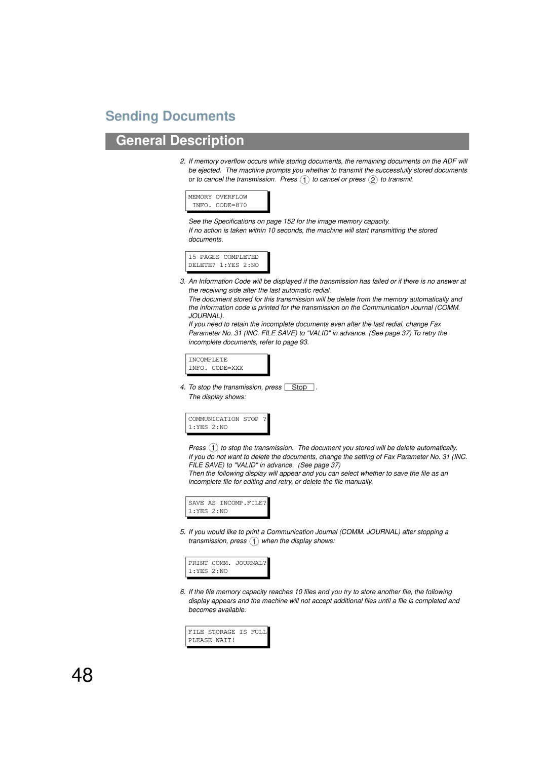 Panasonic UF-6200 operating instructions Sending Documents, Memory Overflow INFO. CODE=870 