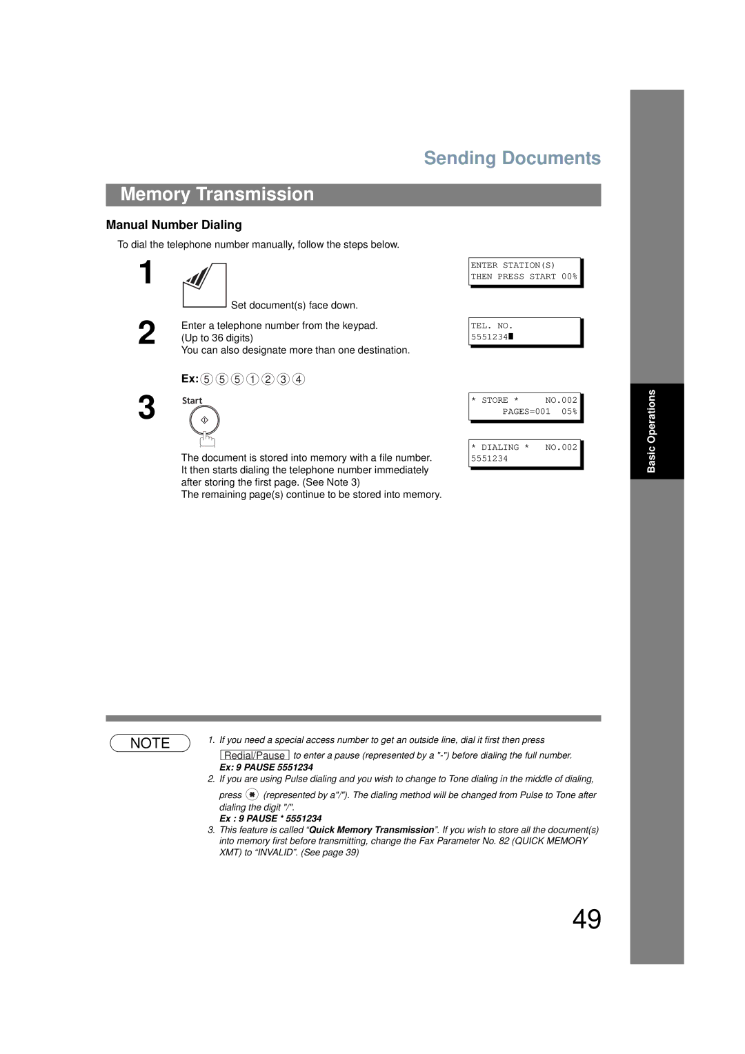 Panasonic UF-6200 operating instructions Memory Transmission, Manual Number Dialing 