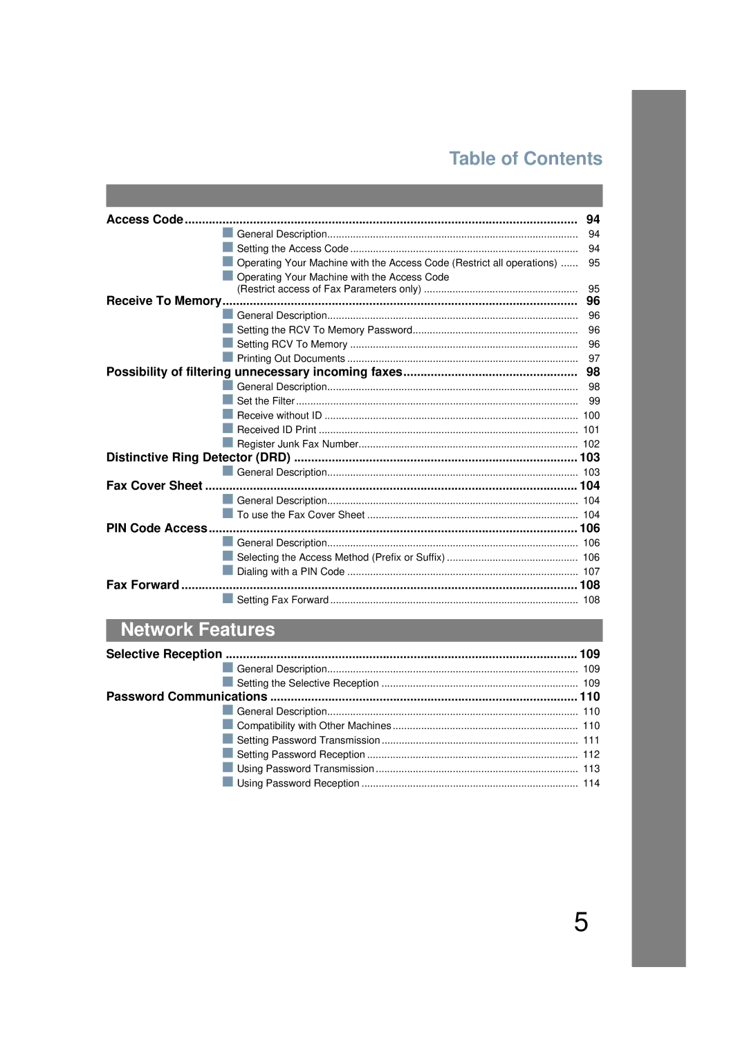 Panasonic UF-6200 operating instructions Table of Contents, Network Features 