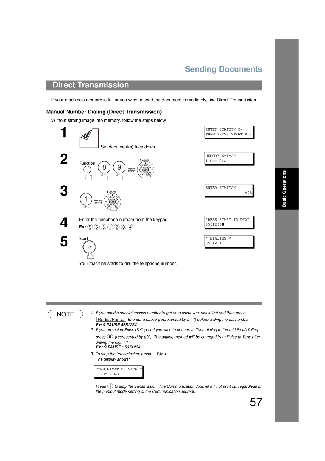 Panasonic UF-6200 Manual Number Dialing Direct Transmission, Without stroing image into memory, follow the steps below 