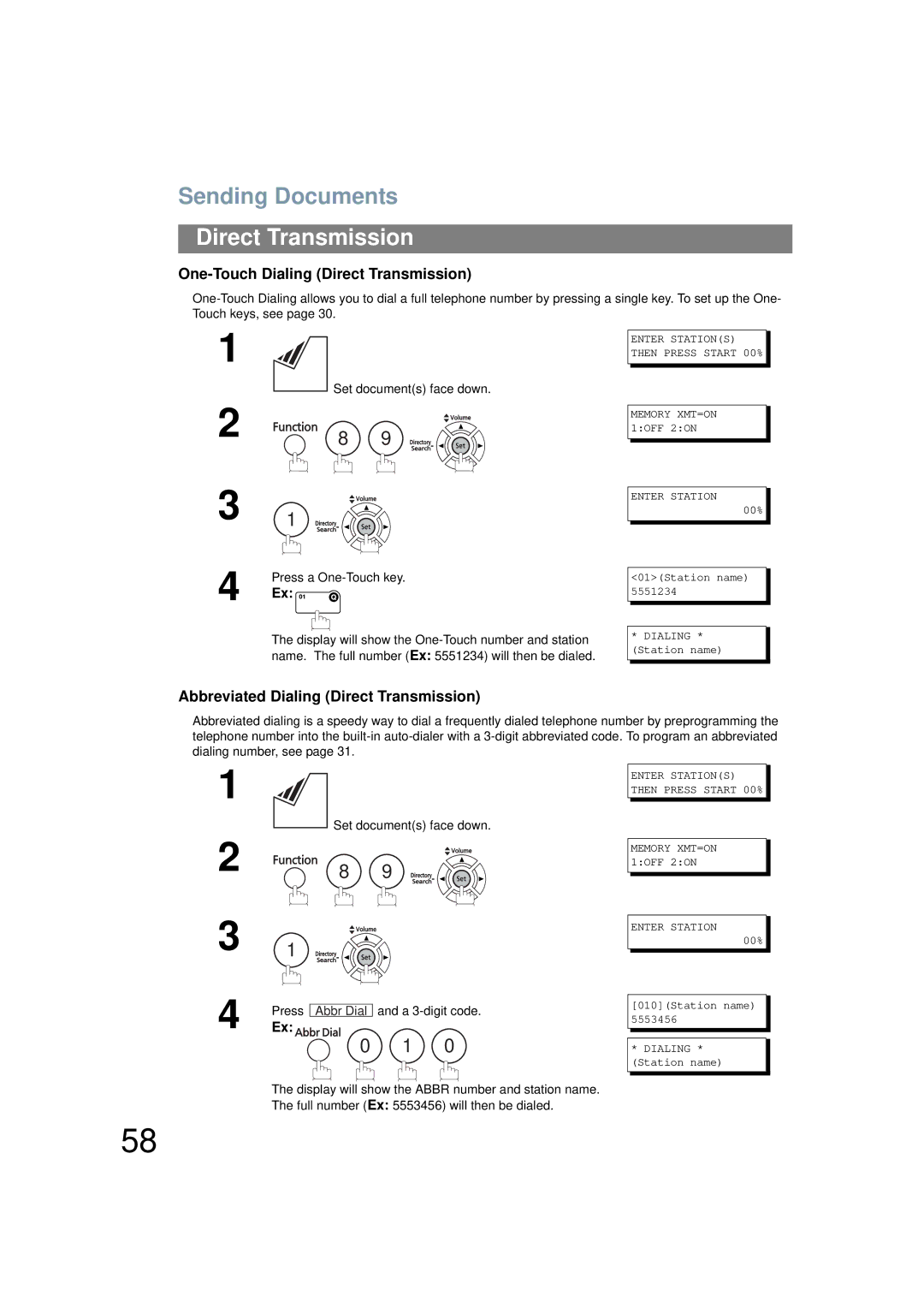 Panasonic UF-6200 operating instructions One-Touch Dialing Direct Transmission, Abbreviated Dialing Direct Transmission 