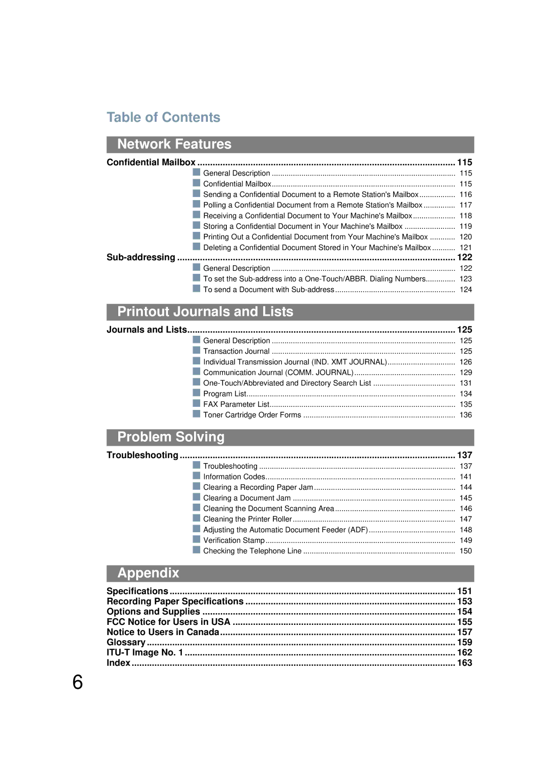 Panasonic UF-6200 operating instructions Printout Journals and Lists, Problem Solving, Appendix 