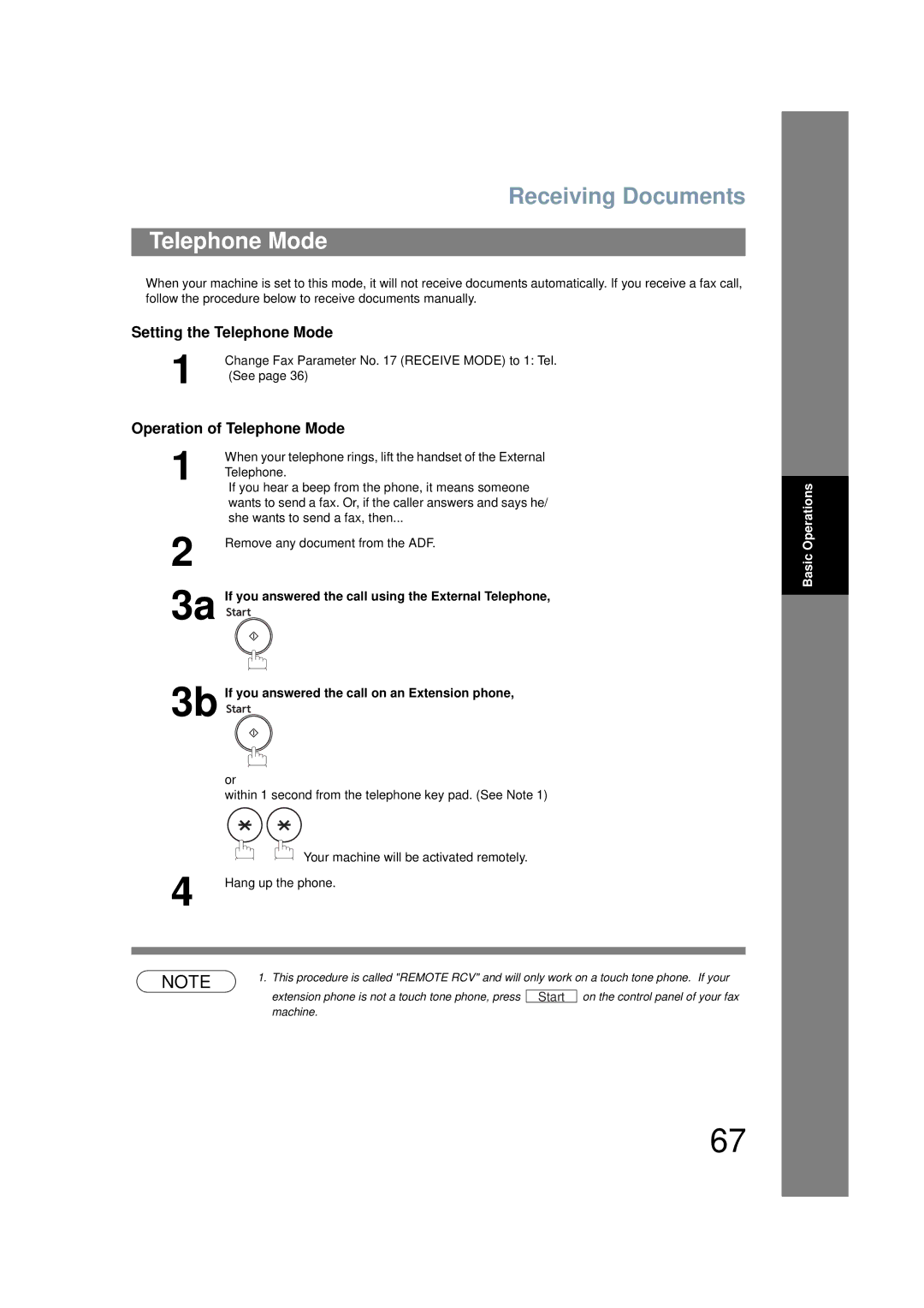 Panasonic UF-6200 operating instructions Receiving Documents, Setting the Telephone Mode, Operation of Telephone Mode 