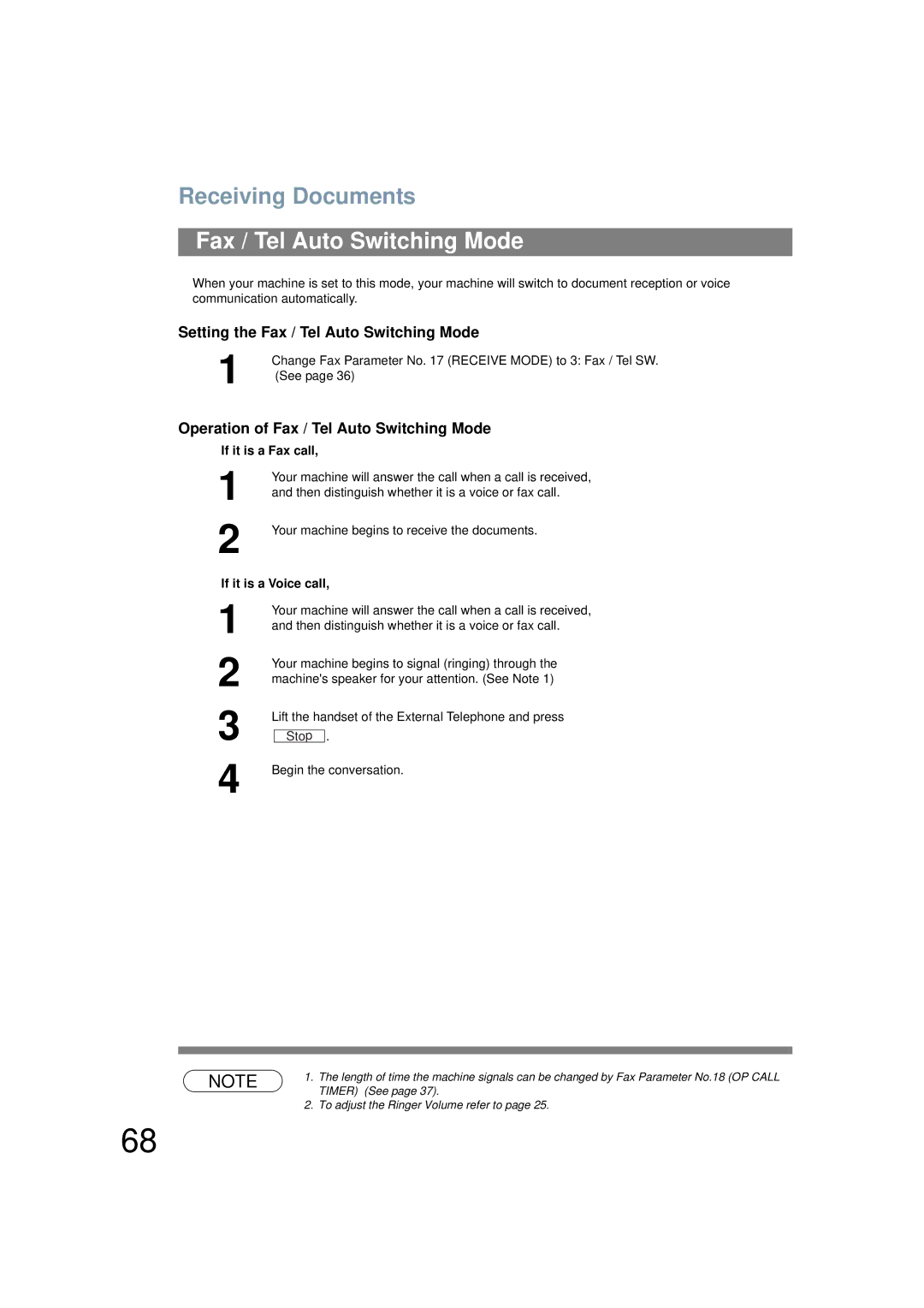 Panasonic UF-6200 Setting the Fax / Tel Auto Switching Mode, Operation of Fax / Tel Auto Switching Mode 