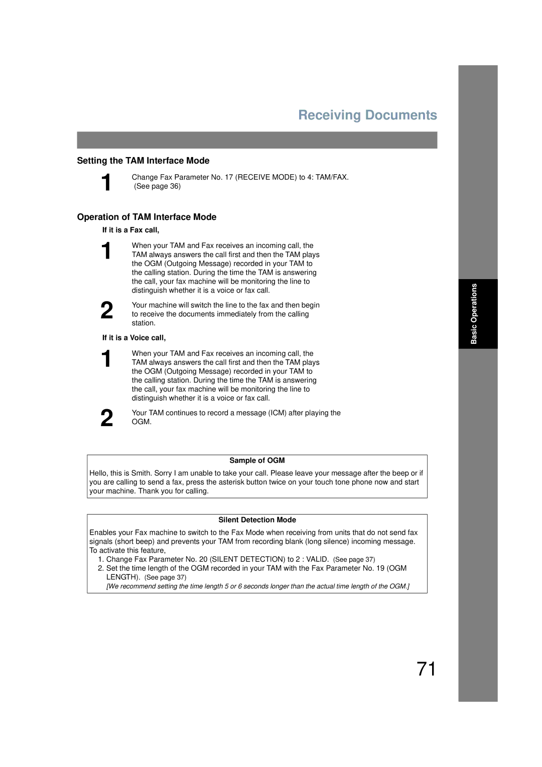 Panasonic UF-6200 Setting the TAM Interface Mode, Operation of TAM Interface Mode, Sample of OGM, Silent Detection Mode 