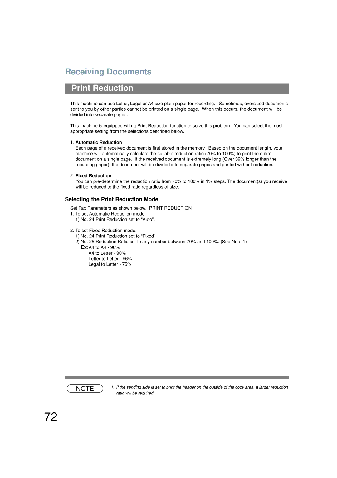 Panasonic UF-6200 operating instructions Selecting the Print Reduction Mode, Automatic Reduction, Fixed Reduction 