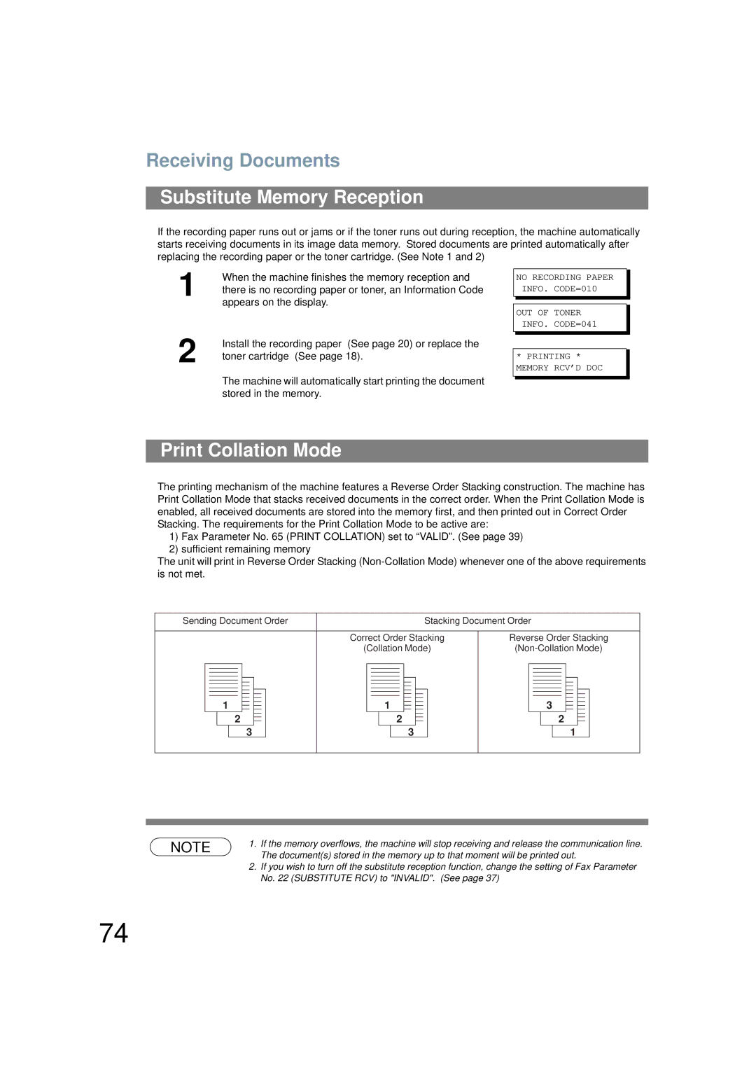 Panasonic UF-6200 operating instructions Substitute Memory Reception, Print Collation Mode 