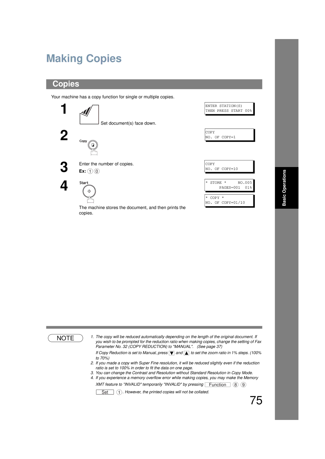 Panasonic UF-6200 operating instructions Making Copies, Ex 1, Machine stores the document, and then prints the copies 