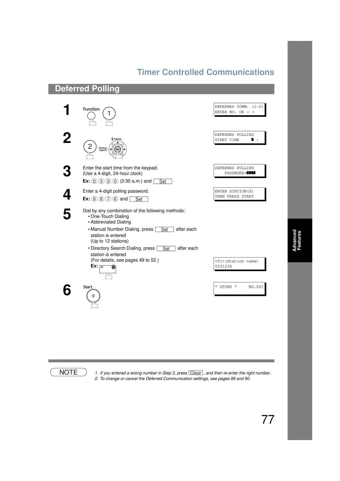 Panasonic UF-6200 Timer Controlled Communications, Deferred Polling, Enter a 4-digit polling password Ex 9 8 7 6 