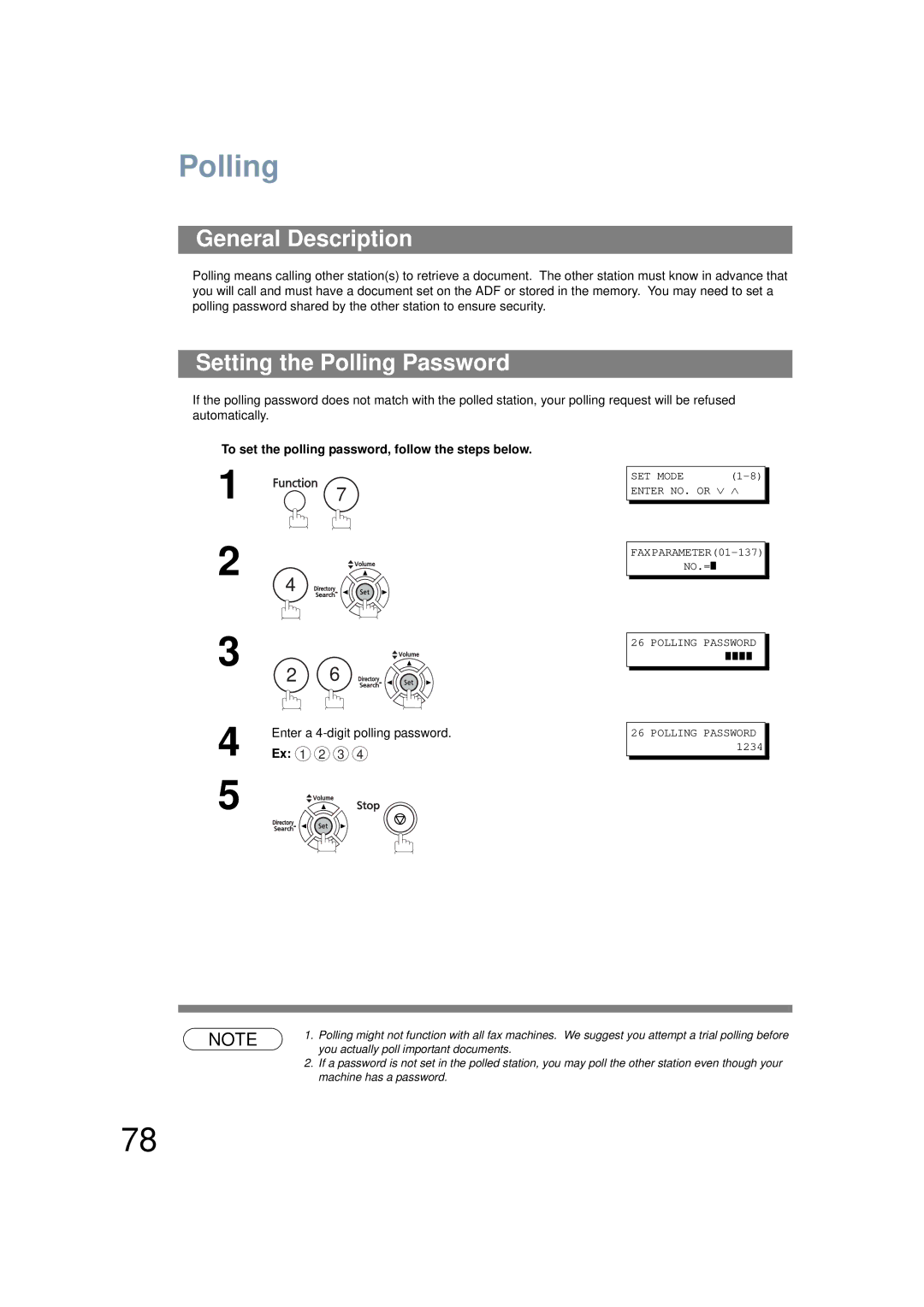 Panasonic UF-6200 operating instructions Setting the Polling Password 