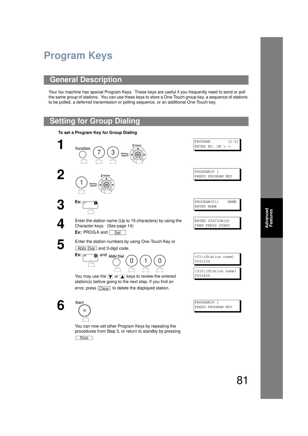 Panasonic UF-6200 operating instructions Program Keys, Setting for Group Dialing, To set a Program Key for Group Dialing 