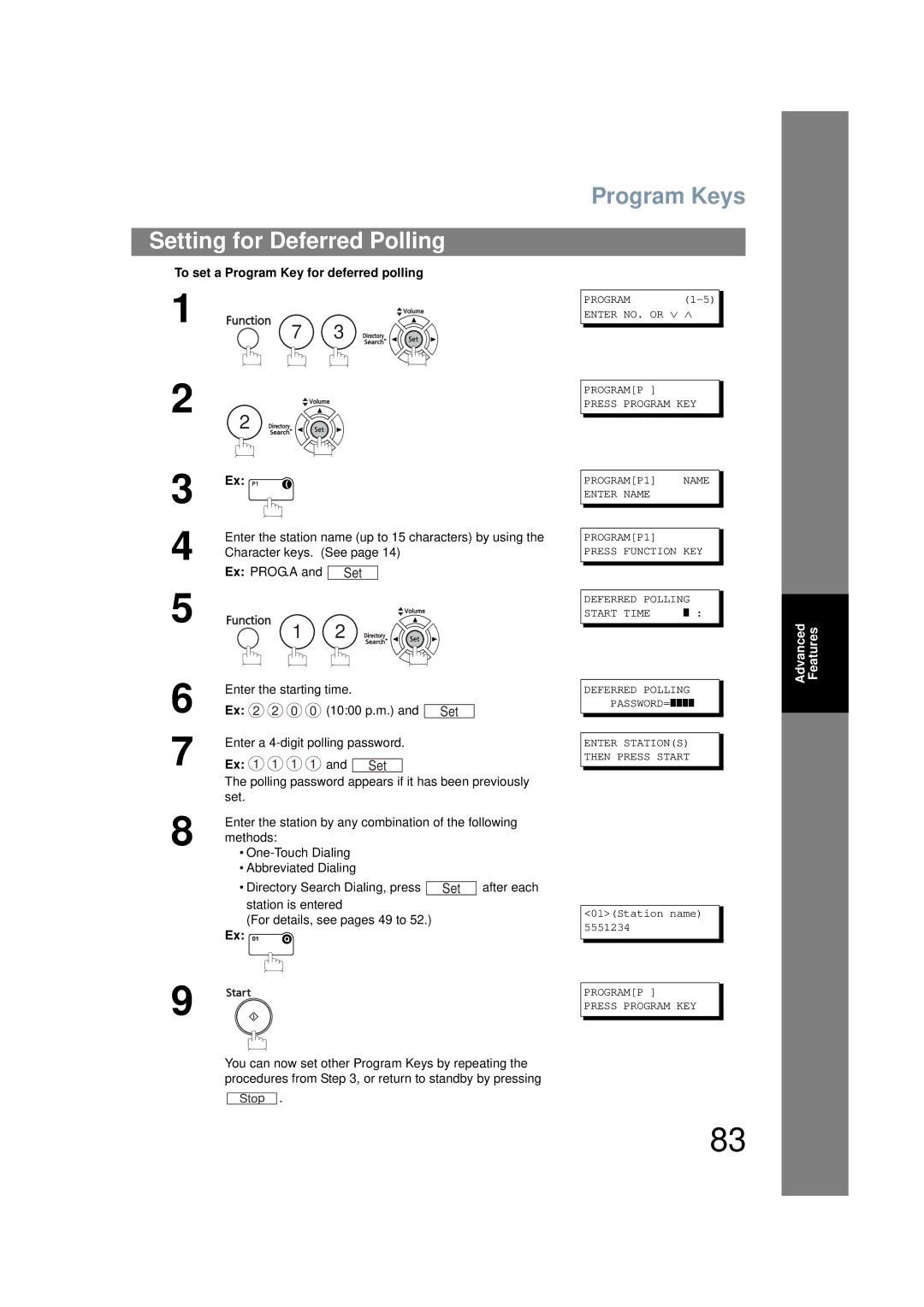 Panasonic UF-6200 Setting for Deferred Polling, To set a Program Key for deferred polling, Character keys. See 