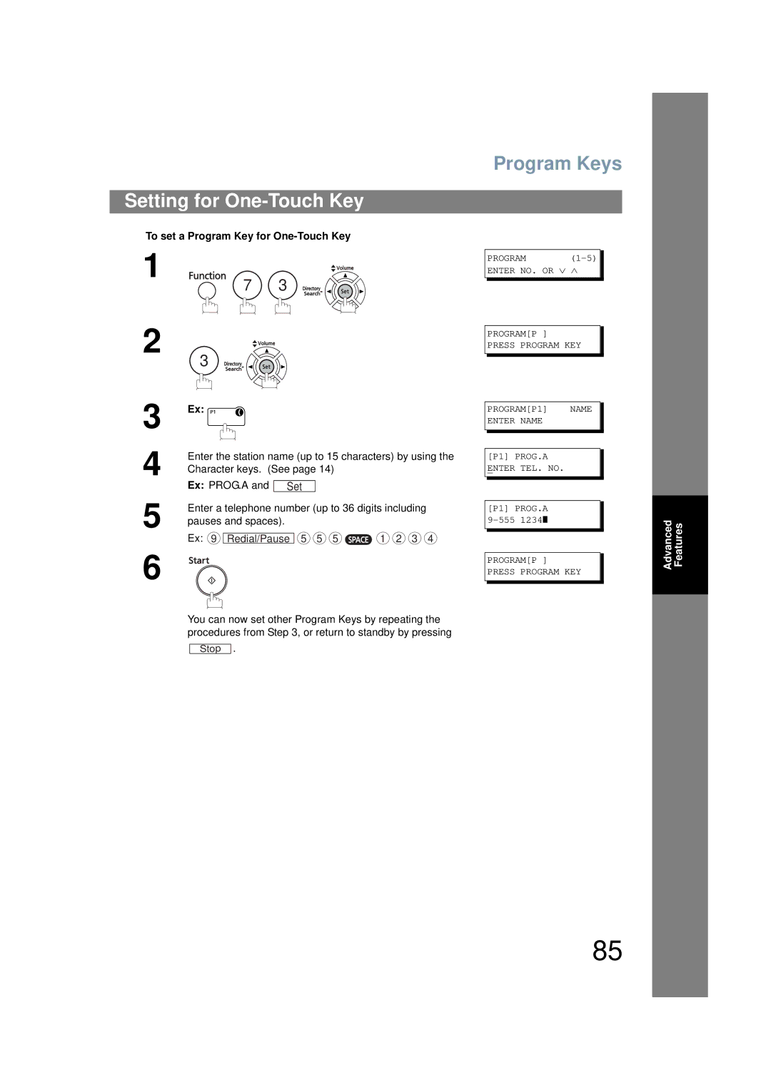 Panasonic UF-6200 operating instructions Setting for One-Touch Key, To set a Program Key for One-Touch Key 