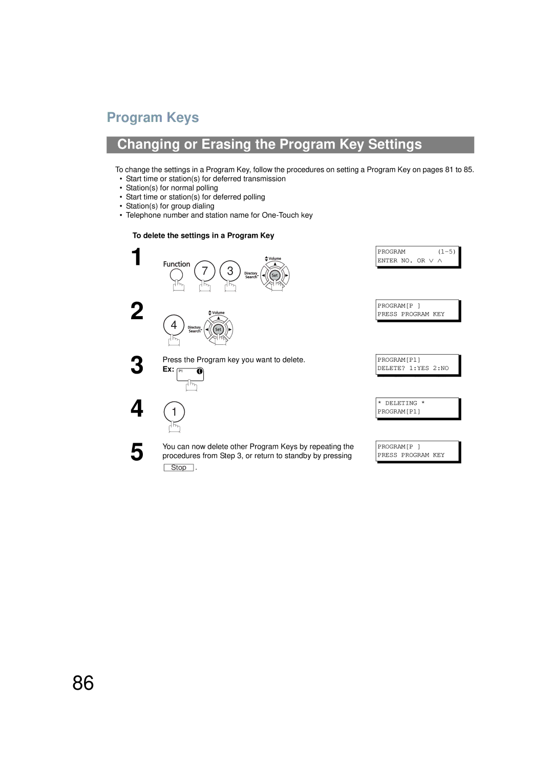 Panasonic UF-6200 Changing or Erasing the Program Key Settings, To delete the settings in a Program Key 