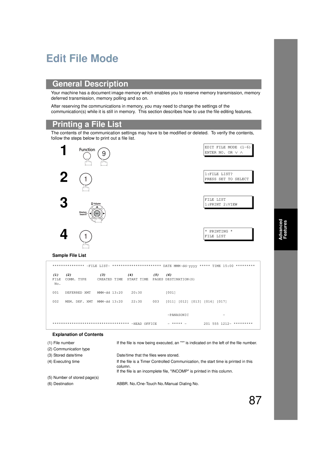 Panasonic UF-6200 operating instructions Edit File Mode, Printing a File List, Sample File List, Explanation of Contents 