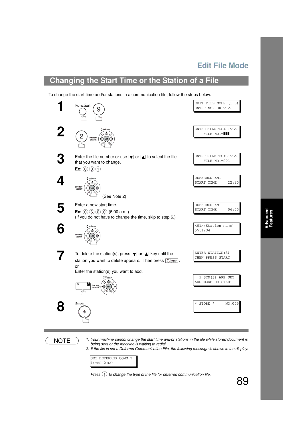 Panasonic UF-6200 operating instructions Changing the Start Time or the Station of a File 