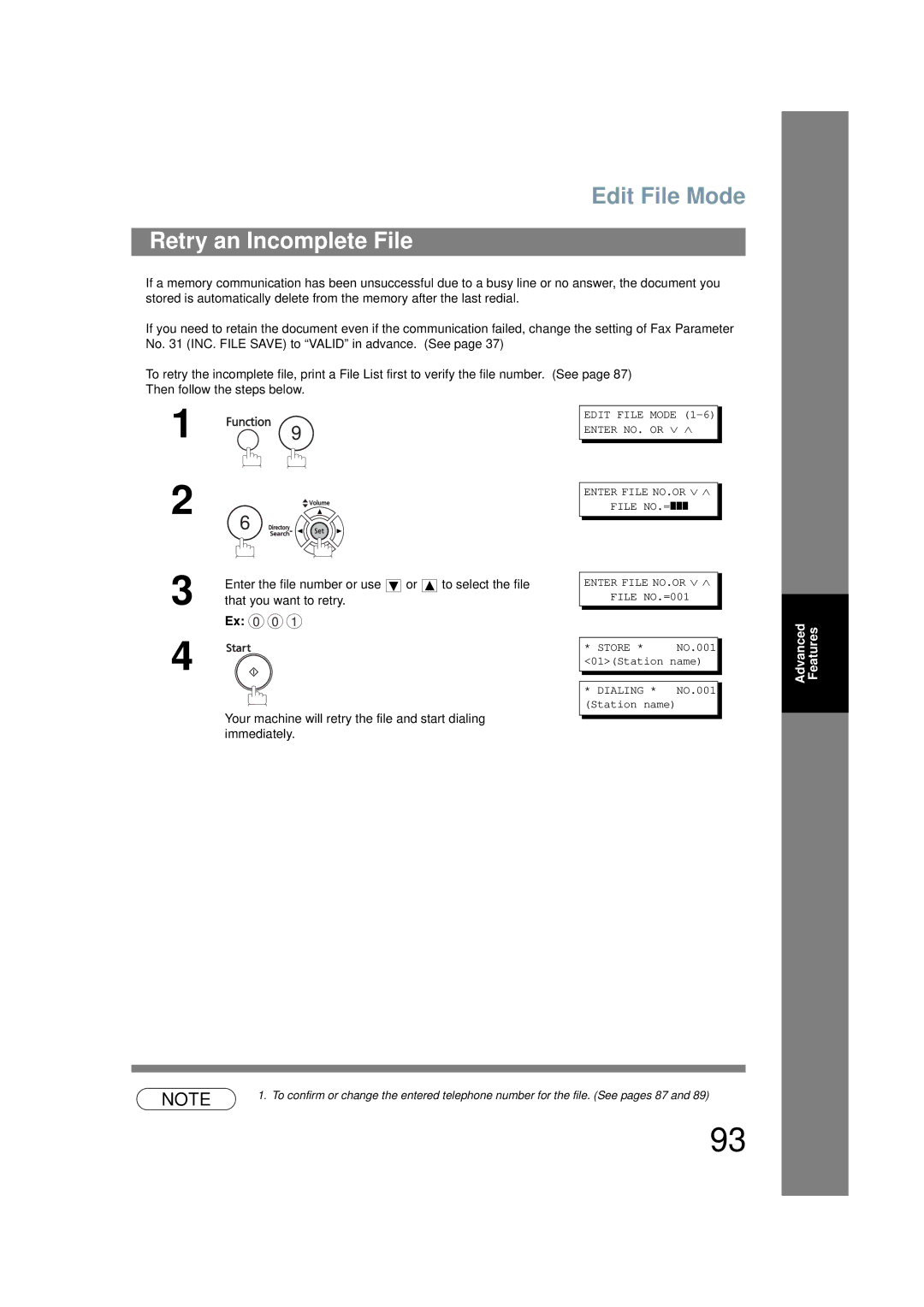 Panasonic UF-6200 operating instructions Retry an Incomplete File 